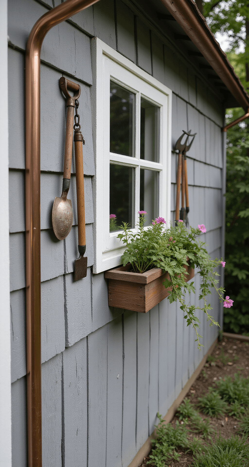 Garden Shed Colors: Transforming Your Backyard Aesthetic Detail shot of a weathered wooden tool shed corner featuring a copper rain chain, window box with trailing vines and blooms, and vintage garden tools on the wall, captured in morning light with a macro lens highlighting texture.