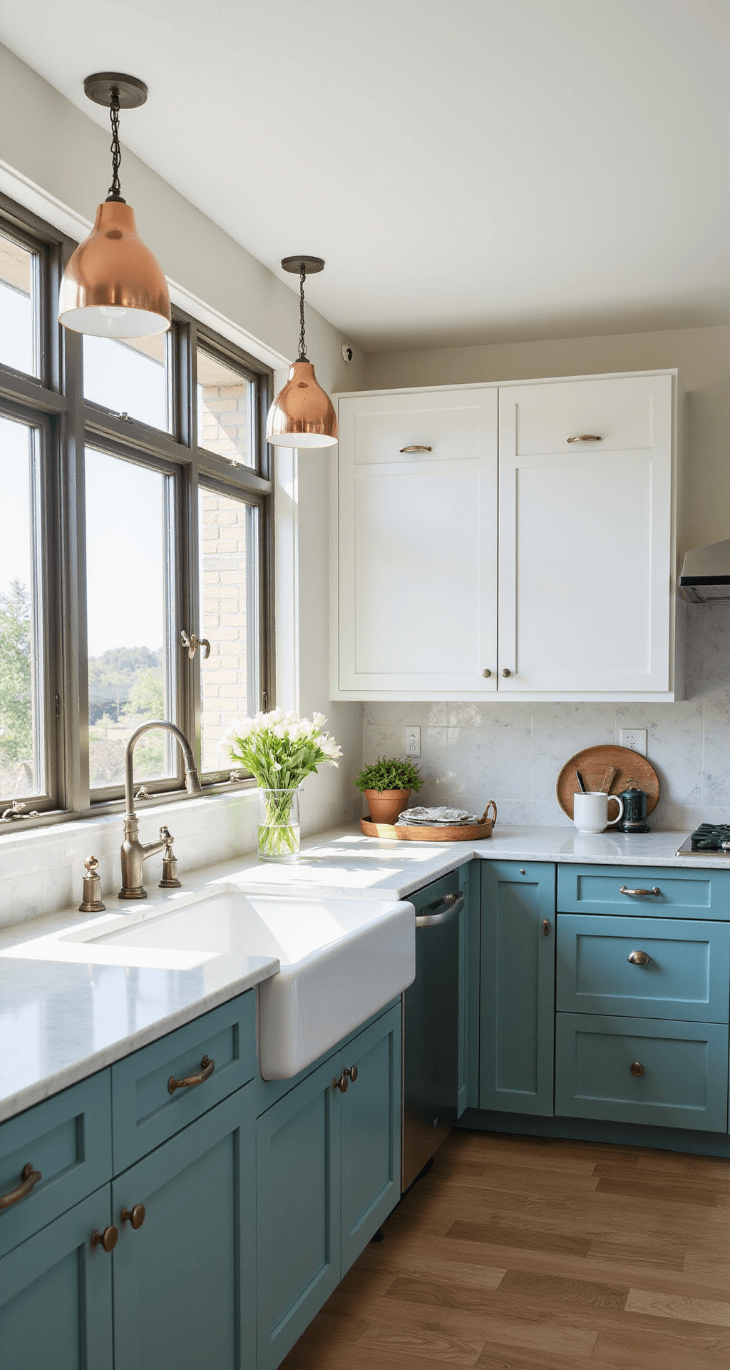 Two-Tone Kitchen Cabinets: The Ultimate Style Guide to Transforming Your Kitchen Sun-drenched transitional kitchen featuring teal base cabinets, soft white upper cabinets, marble countertops with subtle veining, pendant lights, and decorative accents like copper and brass, along with fresh flowers and vintage-inspired appliances.