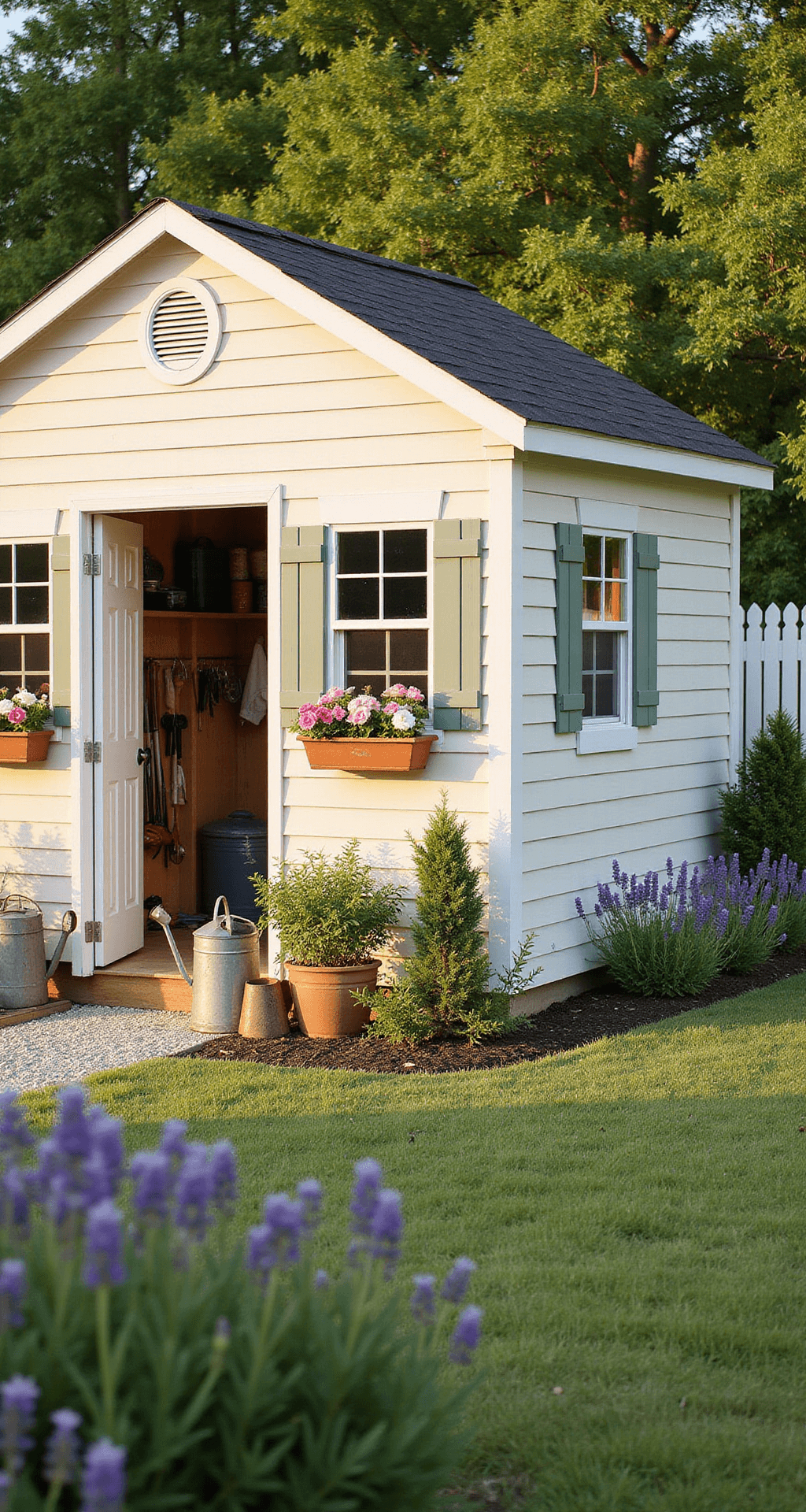 White Garden Shed: Your Ultimate Design and Inspiration Guide A sunlit white garden shed with scalloped trim, sage green shutters, and overflowing window boxes filled with pink petunias in a peaceful country garden, surrounded by a white picket fence and climbing roses, with lavender bushes lining a gravel pathway, all captured during golden hour.