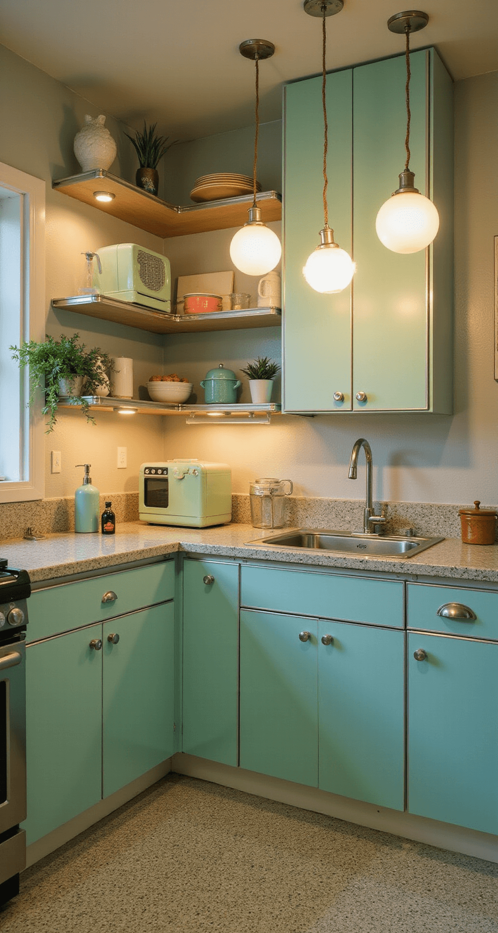 Two-Tone Kitchen Cabinets: The Ultimate Style Guide to Transforming Your Kitchen A cozy retro-inspired kitchen featuring mint green lower cabinets and cream upper cabinets, accented with chrome hardware. The original terrazzo floor reflects ambient lighting from vintage-style globe pendants. Open shelving displays pastel kitchenware, while retro small appliances in coordinating colors add charm, all bathed in the soft glow of dusk with subtle neon accents.