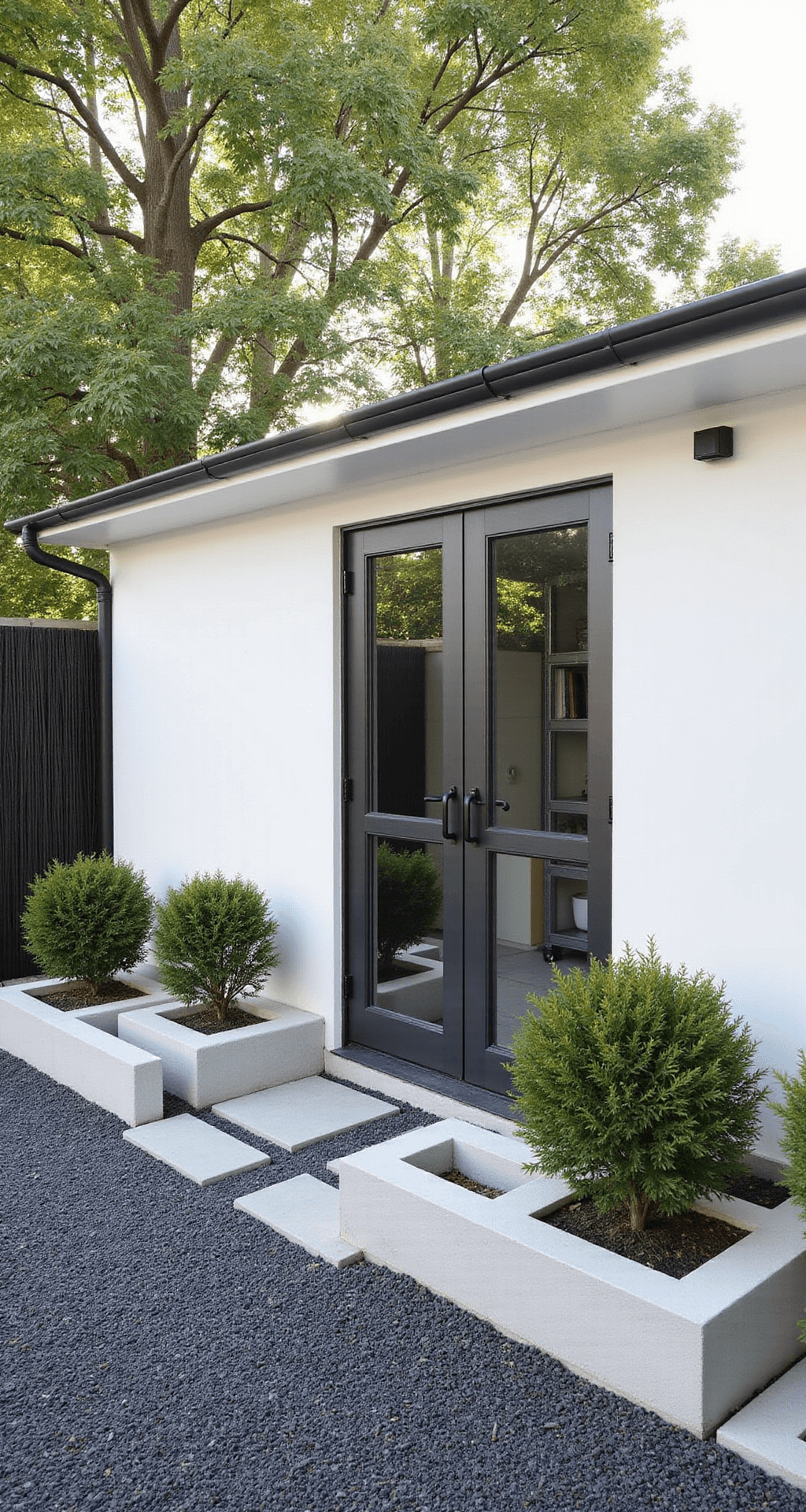 White Garden Shed: Your Ultimate Design and Inspiration Guide A modern minimalist garden shed with stark white exterior, featuring a floor-to-ceiling glass panel door. Matte black hardware contrasts with the walls, and the interior showcases organized metal shelving. The shed is framed by geometric concrete planters and a dark bamboo privacy screen, all set against a backdrop of charcoal gray gravel. The image is captured from a low angle in bright midday light, emphasizing the shed's clean lines and modern design.