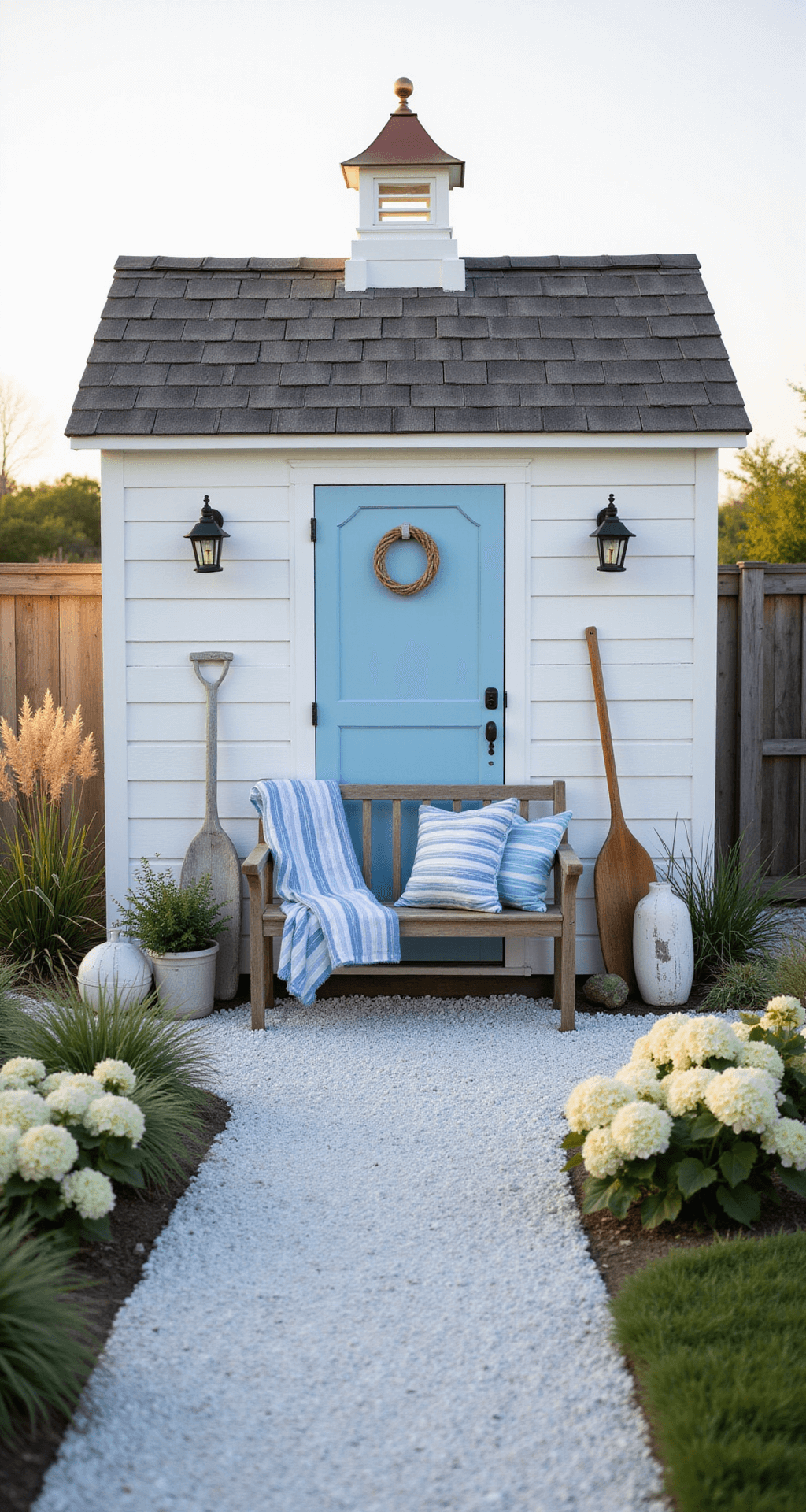 White Garden Shed: Your Ultimate Design and Inspiration Guide A coastal white garden shed with a shiplap exterior and pale blue accents, featuring a cedar shake roof and copper cupola, surrounded by native grasses and white hydrangeas, with a crushed shell pathway leading to a Dutch door, vintage buoys, and weathered oars, evoking a refined beach cottage atmosphere.