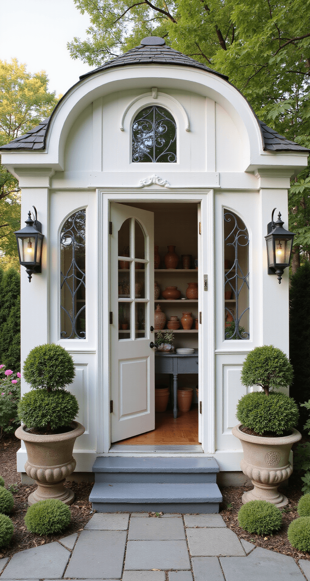 White Garden Shed: Your Ultimate Design and Inspiration Guide Elegant French Provincial garden shed with soft white lime-washed exterior, curved iron window grilles, and bluestone threshold, flanked by copper lanterns and adorned with lavender topiaries. Interior features a zinc potting table and organized terra cotta pots. Surrounded by climbing roses and boxwood parterre, bathed in soft morning light that highlights sophisticated architectural details.