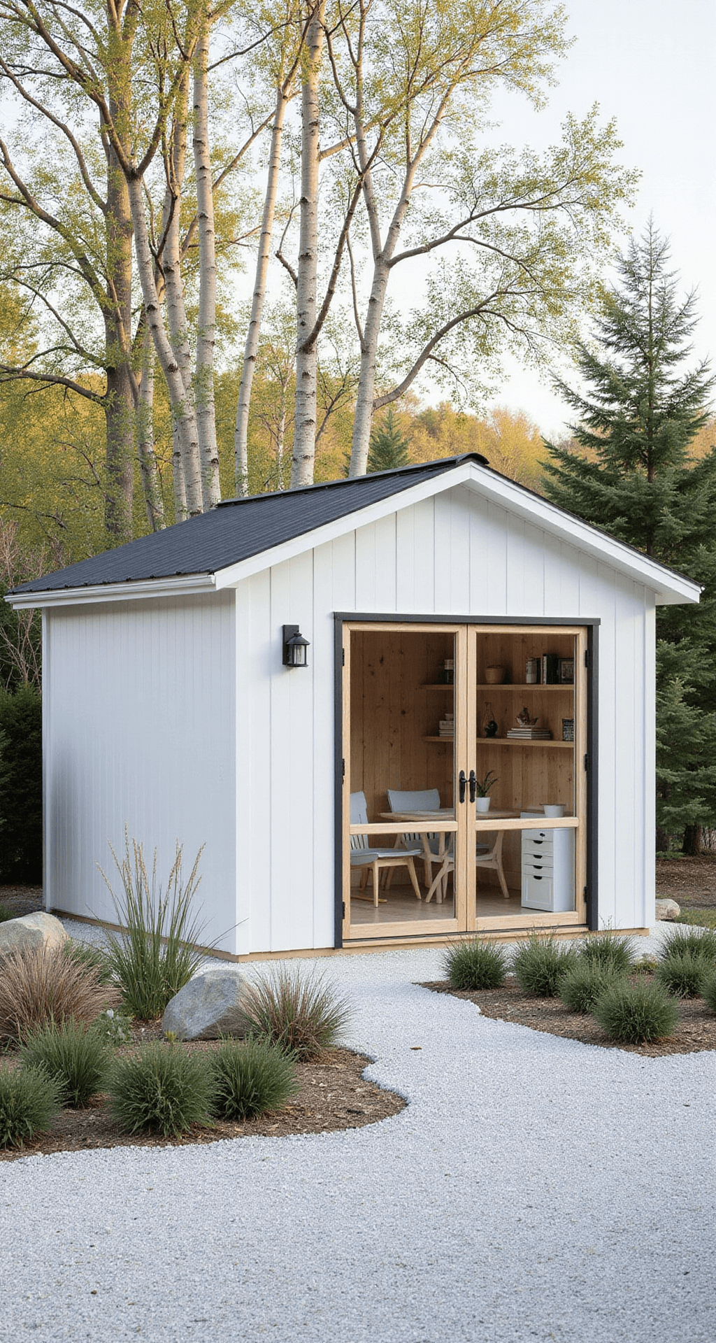 White Garden Shed: Your Ultimate Design and Inspiration Guide A minimalist Scandinavian garden shed with bright white vertical siding and a black metal roof, featuring a large window wall and blonde wood accents, surrounded by white gravel landscaping and birch trees.