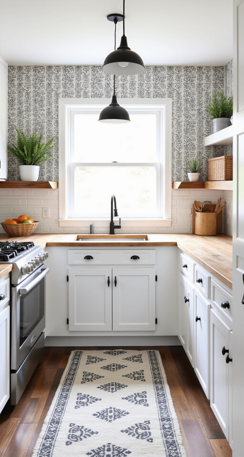 IKEA Kitchen Cabinets: The Ultimate Guide to Affordable, Stylish Storage Solutions A cozy, modern farmhouse kitchen makeover featuring pre-assembled white cabinets with black handles, butcher block counters, and a subway tile backsplash. A statement wallpaper focal wall adds interest, while vintage-inspired pendant lights and a plant shelf above the window contribute to the welcoming atmosphere. Woven baskets provide practical storage, and a patterned runner rug ties the space together in crisp white, natural wood, and black accents.