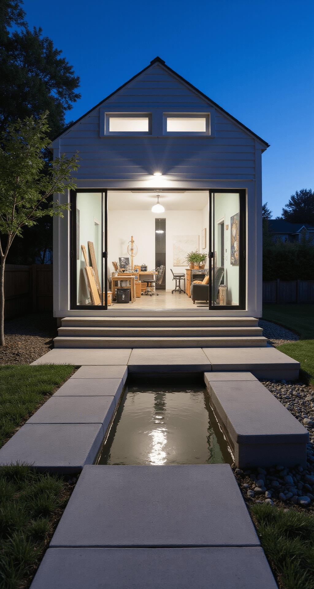 White Garden Shed: Your Ultimate Design and Inspiration Guide Twilight view of a contemporary art studio shed featuring a crisp white exterior, oversized sliding glass doors, and clerestory windows. The interior, illuminated to highlight an organized workspace with white walls and polished concrete floors, showcases artistic supplies and geometric architecture enhanced by uplighting. A minimalist landscape with a Japanese maple and reflecting pool adds sophistication, while mixed lighting creates a striking contrast between the interior and exterior.