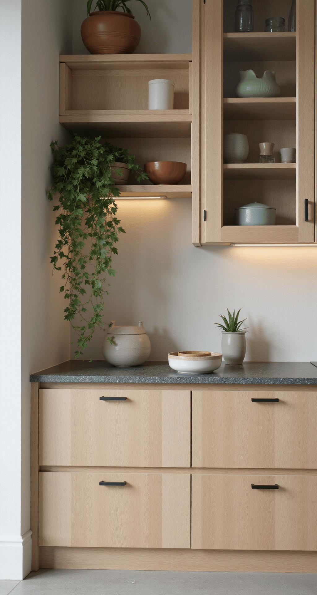 IKEA Kitchen Cabinets: The Ultimate Guide to Affordable, Stylish Storage Solutions Detail shot of a serene organic modern kitchen corner featuring blonde ash cabinetry with glass doors showcasing artisanal pottery, warm under-cabinet lighting, floating shelves with trailing plants, integrated handles, and terrazzo countertops, accented with sage green elements.