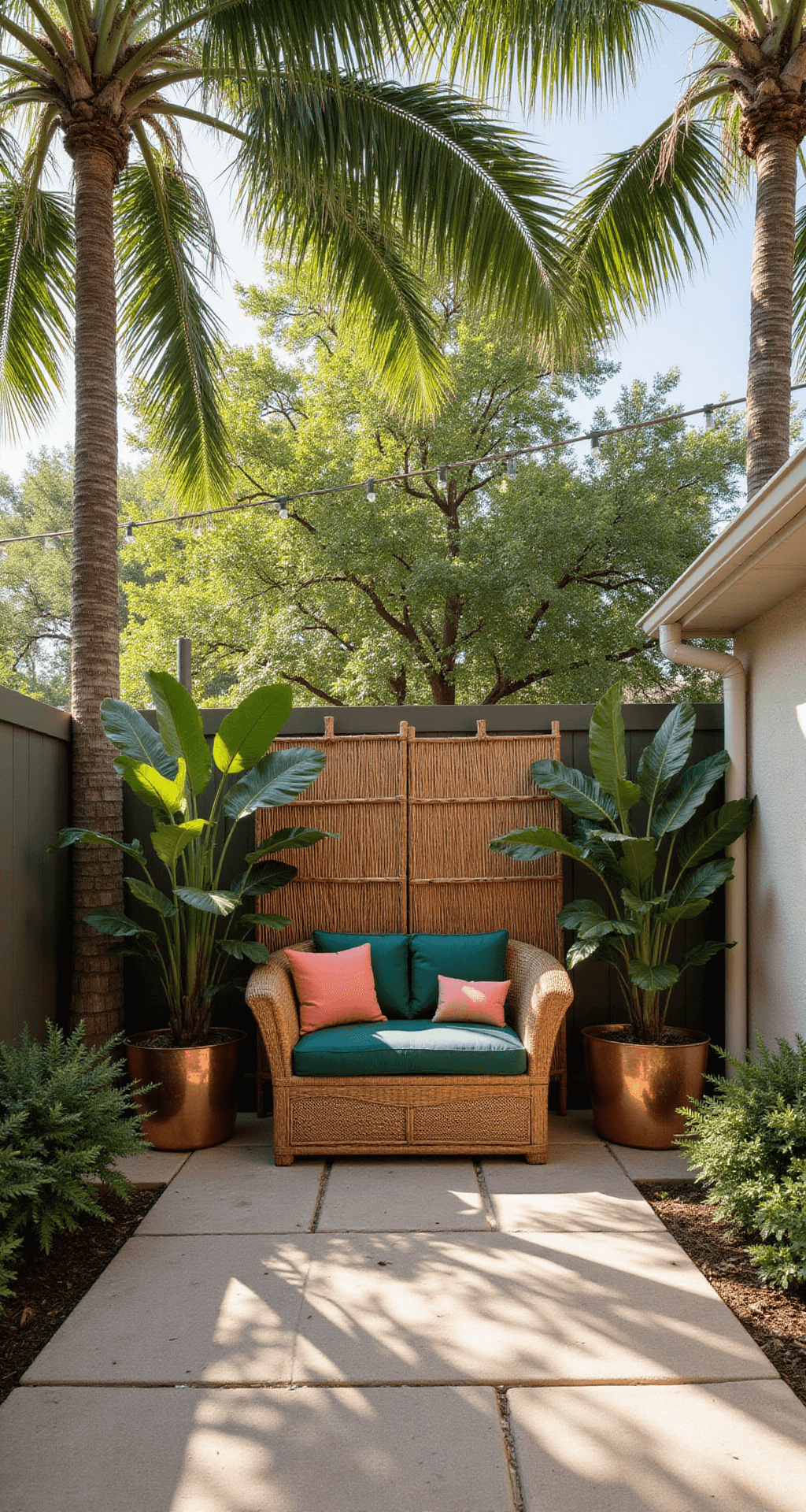 Transform Your Courtyard into a Tropical Paradise: A Complete Design Guide A tranquil 15x20ft courtyard at golden hour, featuring a curved rattan loveseat with vibrant emerald and coral cushions, surrounded by towering palm fronds casting intricate shadows on sandstone pavers, massive elephant ear plants, bamboo screening, tropical ferns, and copper planters with bromeliads, all illuminated by soft natural light and overhead string lights, while a small copper fountain adds a calming water sound.