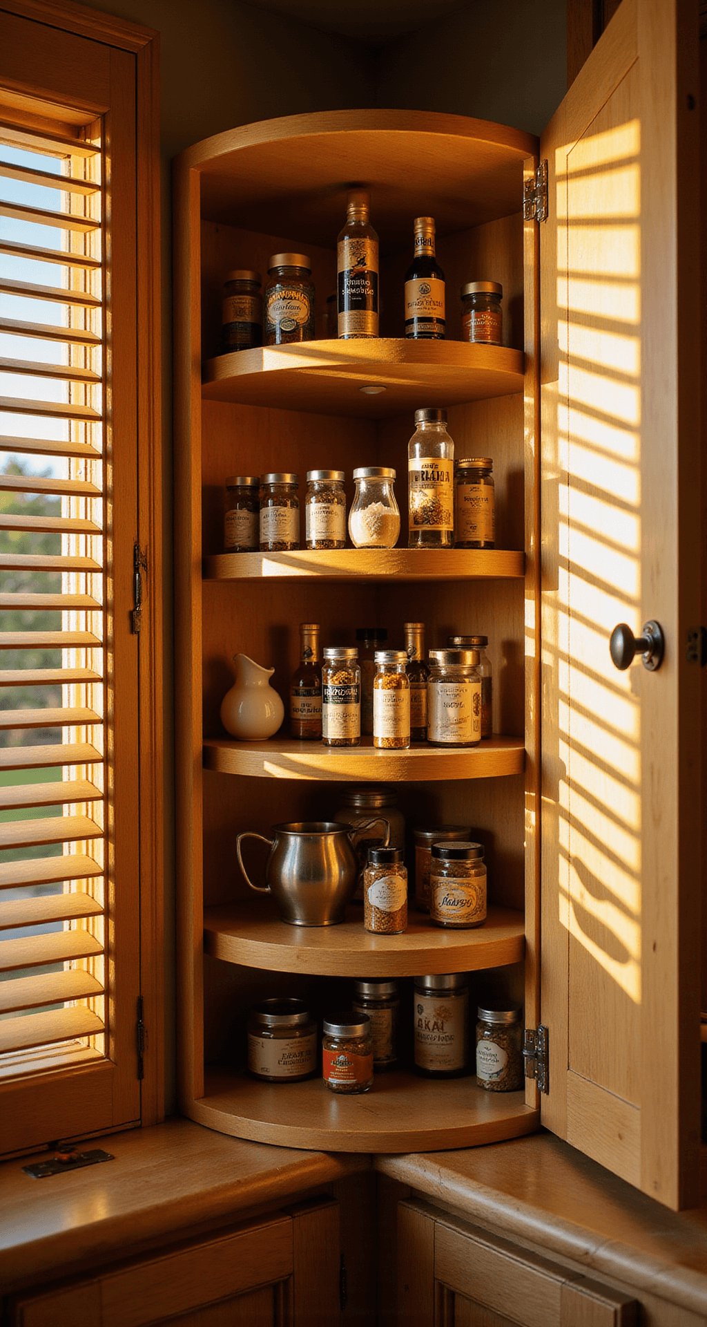 How to Organize Kitchen Cabinets Like a Pro: Your Ultimate Guide to Stress-Free Storage Close-up of a gourmet kitchen corner cabinet with a lazy Susan, featuring bamboo shelves displaying spice jars and cooking oils, illuminated by warm golden hour light filtering through plantation shutters.