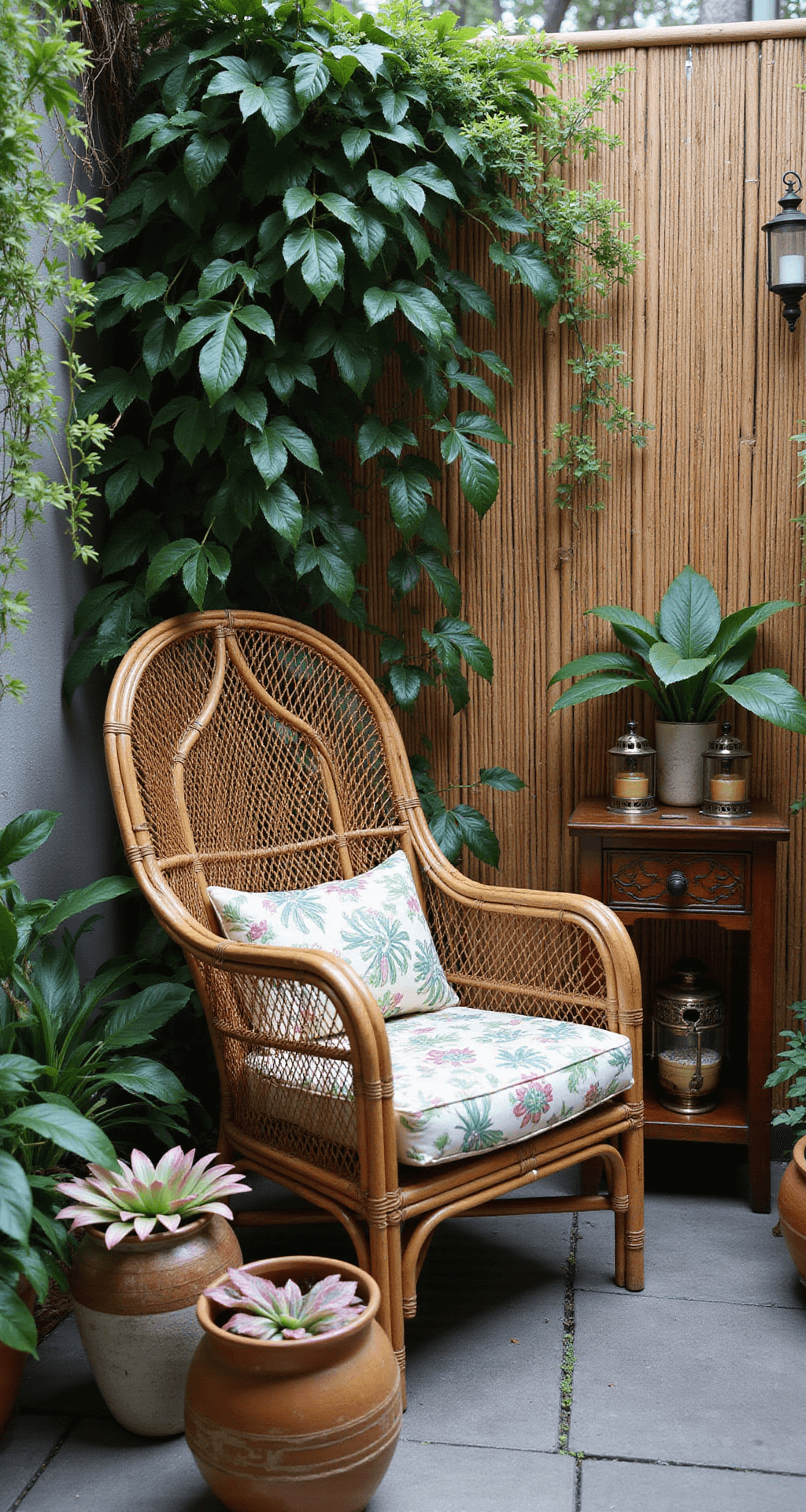 Transform Your Courtyard into a Tropical Paradise: A Complete Design Guide A cozy courtyard corner featuring a vintage bamboo peacock chair with monstera-print cushions, surrounded by a lush living wall of philodendrons and pothos, with ceramic pots of bromeliads and snake plants in the foreground, warm brass lanterns, and a carved wooden side table, all captured in soft mid-morning light.