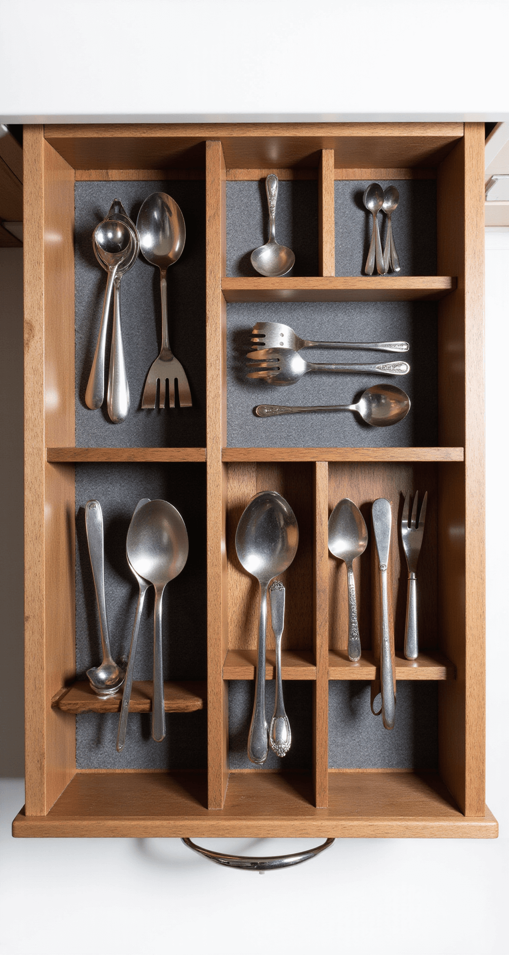 How to Organize Kitchen Cabinets Like a Pro: Your Ultimate Guide to Stress-Free Storage Overhead view of a neatly organized drawer featuring custom wood dividers, stainless steel utensils, and a walnut interior, illuminated by top-lighting that highlights the geometric arrangement.