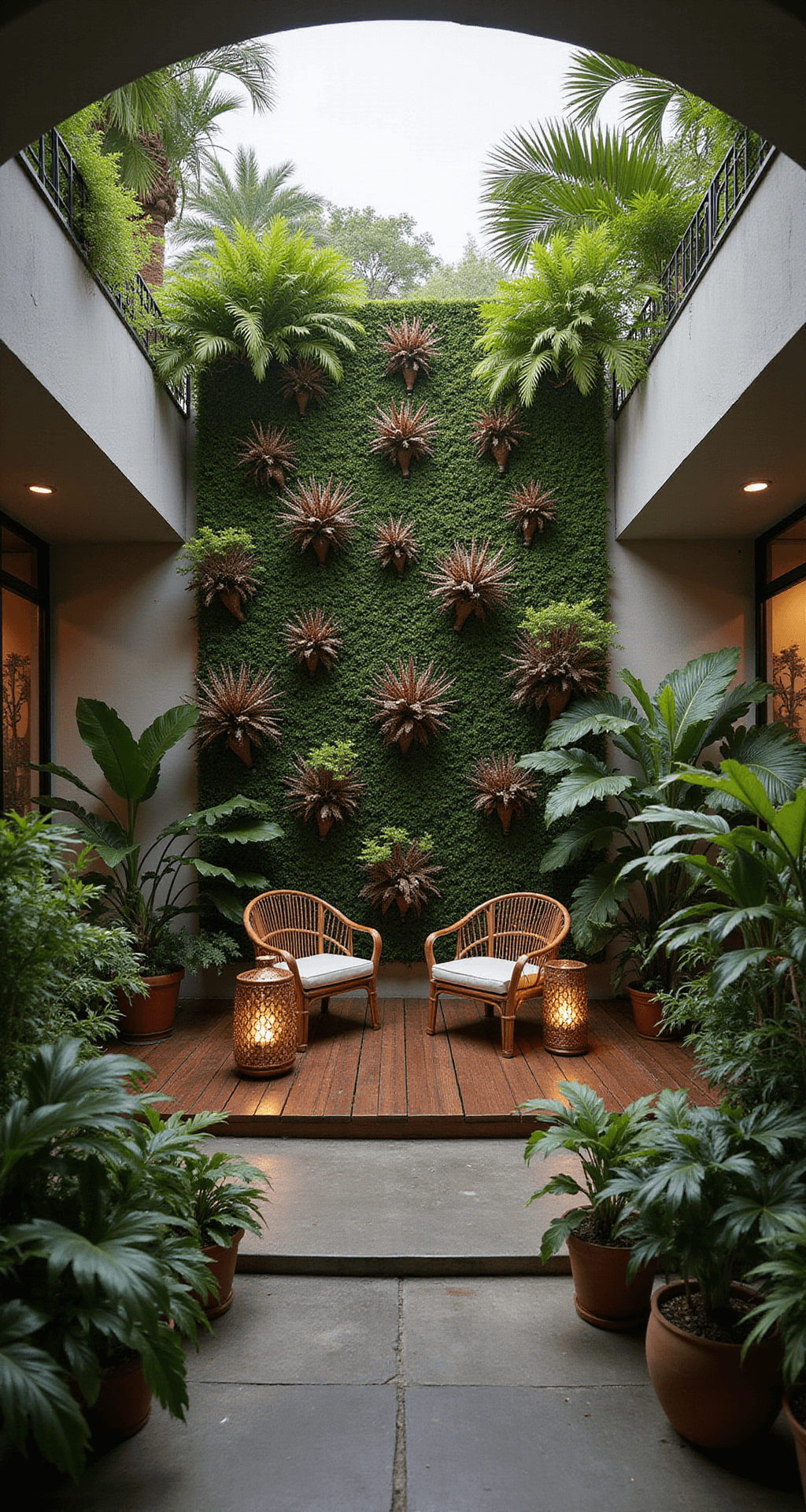 Transform Your Courtyard into a Tropical Paradise: A Complete Design Guide Ground-level view of a dawn-lit tropical courtyard featuring a vertical garden wall with staghorn ferns and orchids, centered around a custom-built wooden deck with low-profile rattan lounge chairs, surrounded by bamboo, bird of paradise, and potted palms for privacy. Moroccan lanterns cast intricate shadows, enhanced by a cool morning mist, captured with a wide-angle lens.