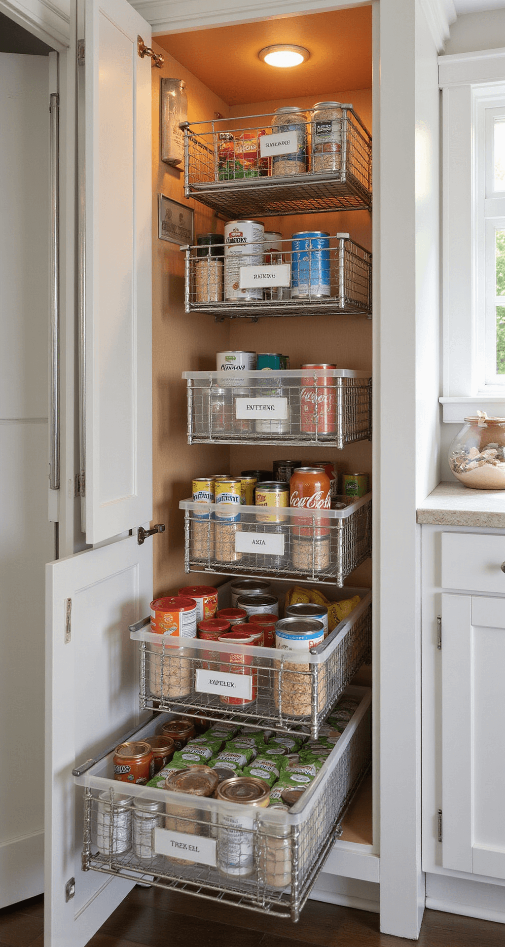How to Organize Kitchen Cabinets Like a Pro: Your Ultimate Guide to Stress-Free Storage Eye-level shot of a pantry cabinet featuring chrome pull-out baskets filled with canned goods and boxed items, illuminated by LED lights against a warm white interior, showcasing organized vertical storage with labeled clear bins.
