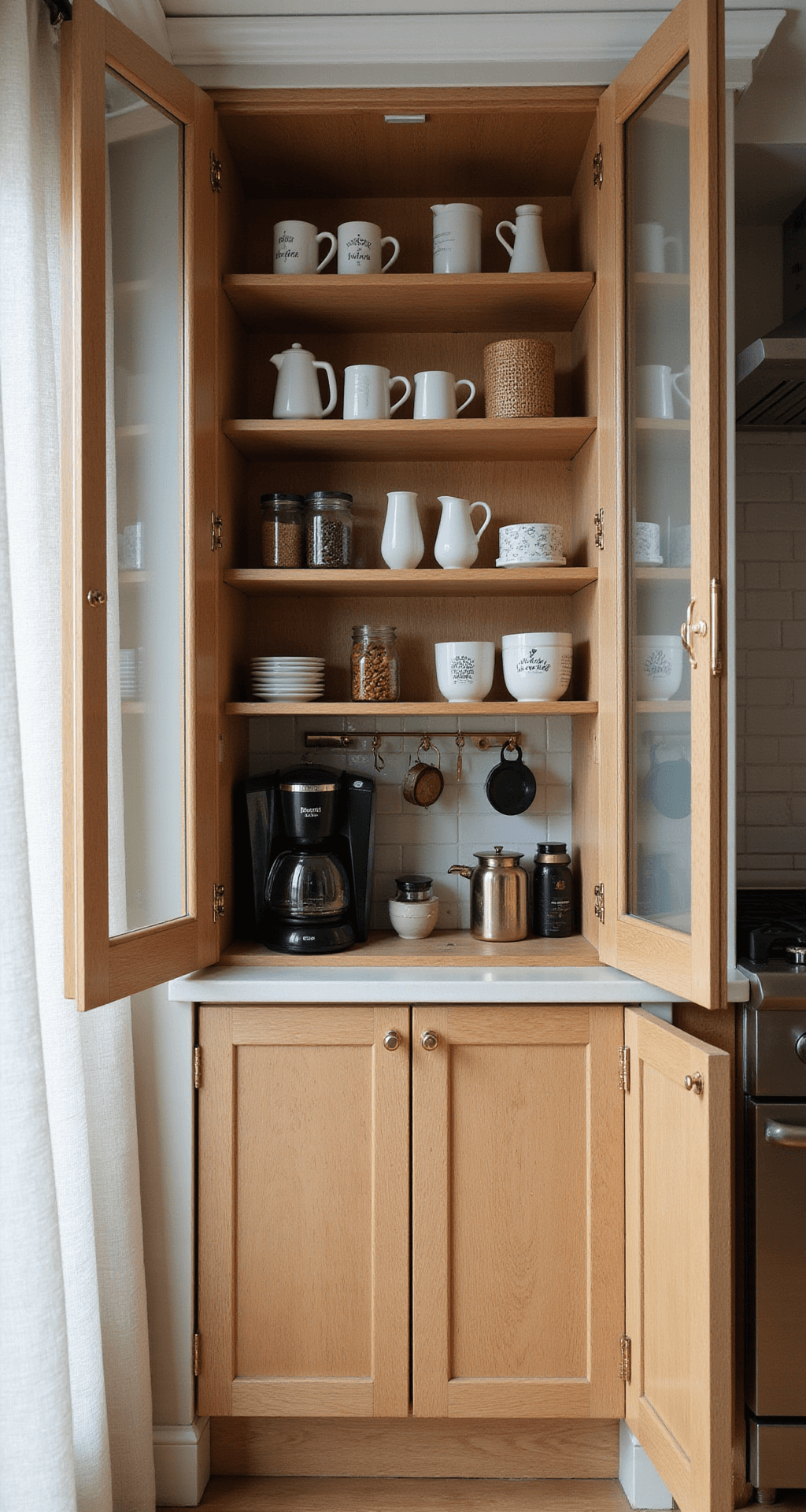 How to Organize Kitchen Cabinets Like a Pro: Your Ultimate Guide to Stress-Free Storage Wide-angle shot of a stylish kitchen coffee station at dawn, featuring a cabinet with glass doors displaying organized coffee mugs and brewing equipment, illuminated by morning light streaming through sheer curtains.