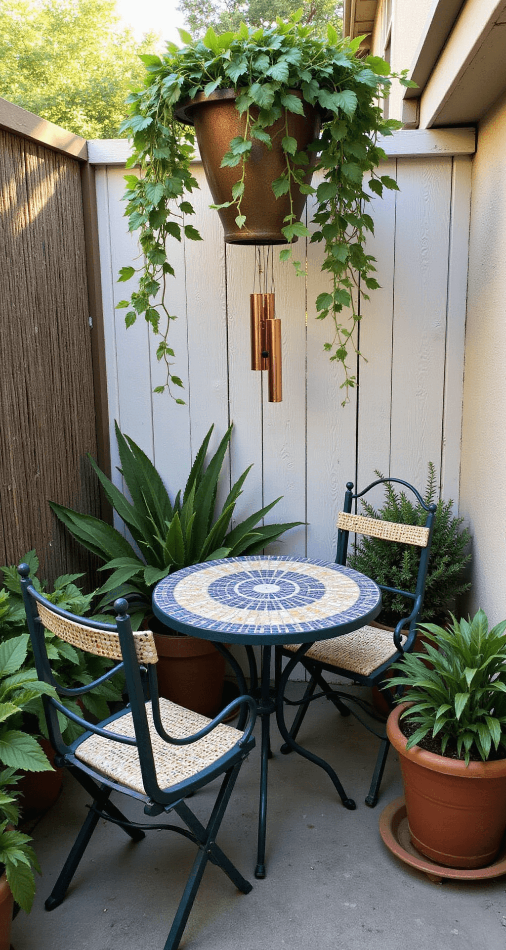 Transform Your Courtyard into a Tropical Paradise: A Complete Design Guide A cozy breakfast nook courtyard featuring a vintage mosaic bistro set surrounded by a lush container garden of variegated gingers, calatheas, and trailing pothos, with a hanging basket arrangement overhead and copper wind chimes adding ambiance, all framed by a whitewashed bamboo privacy screen, captured during the morning golden hour with soft lens flare at seated eye level.