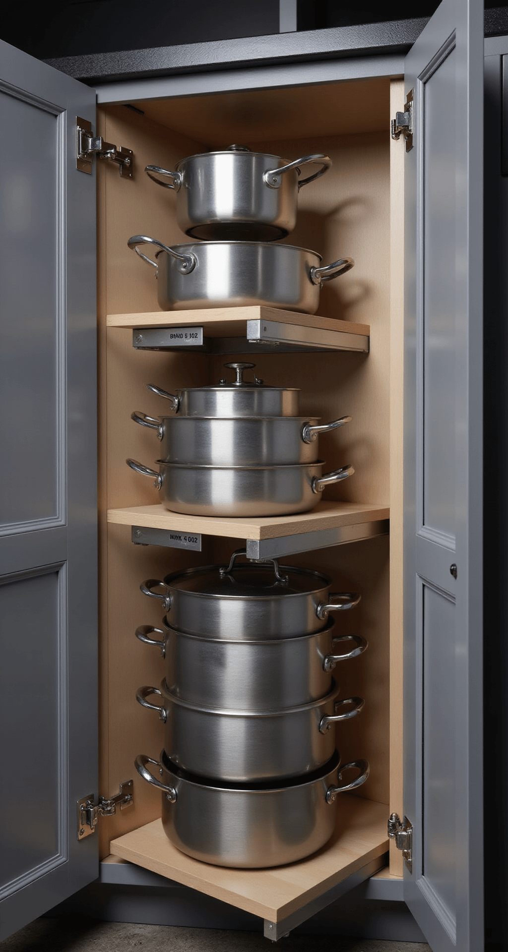How to Organize Kitchen Cabinets Like a Pro: Your Ultimate Guide to Stress-Free Storage Close-up view of a modern corner cabinet's pull-out system showcasing nested stainless steel pots and pans on heavy-duty slides, with a sophisticated gray interior and dramatic side-lighting emphasizing organizational precision and varied textures.