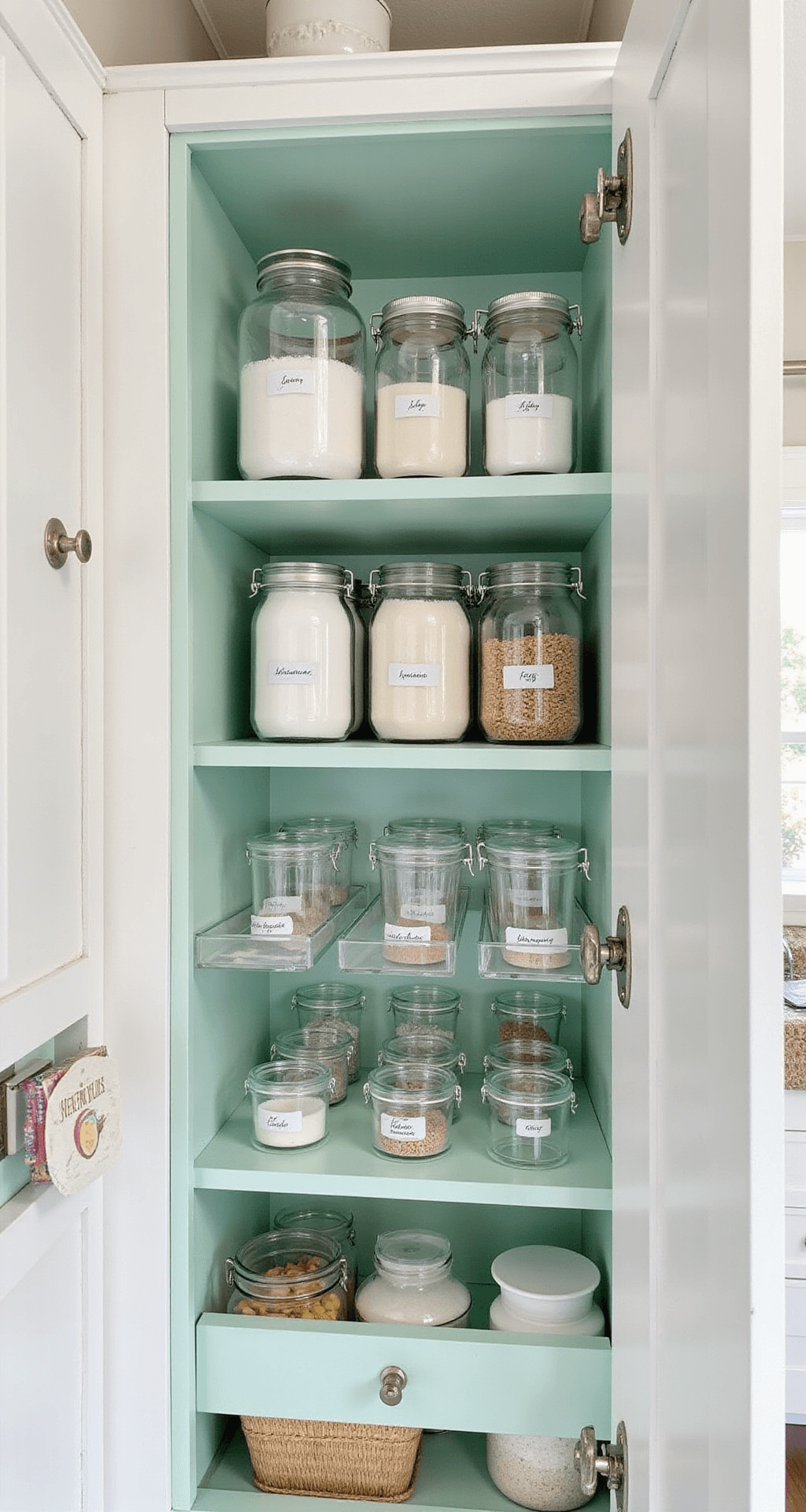 How to Organize Kitchen Cabinets Like a Pro: Your Ultimate Guide to Stress-Free Storage A well-organized baking cabinet featuring clear containers of flour and sugar, white shaker-style doors, mint green interior, and measuring spoon racks, all bathed in diffused natural light.