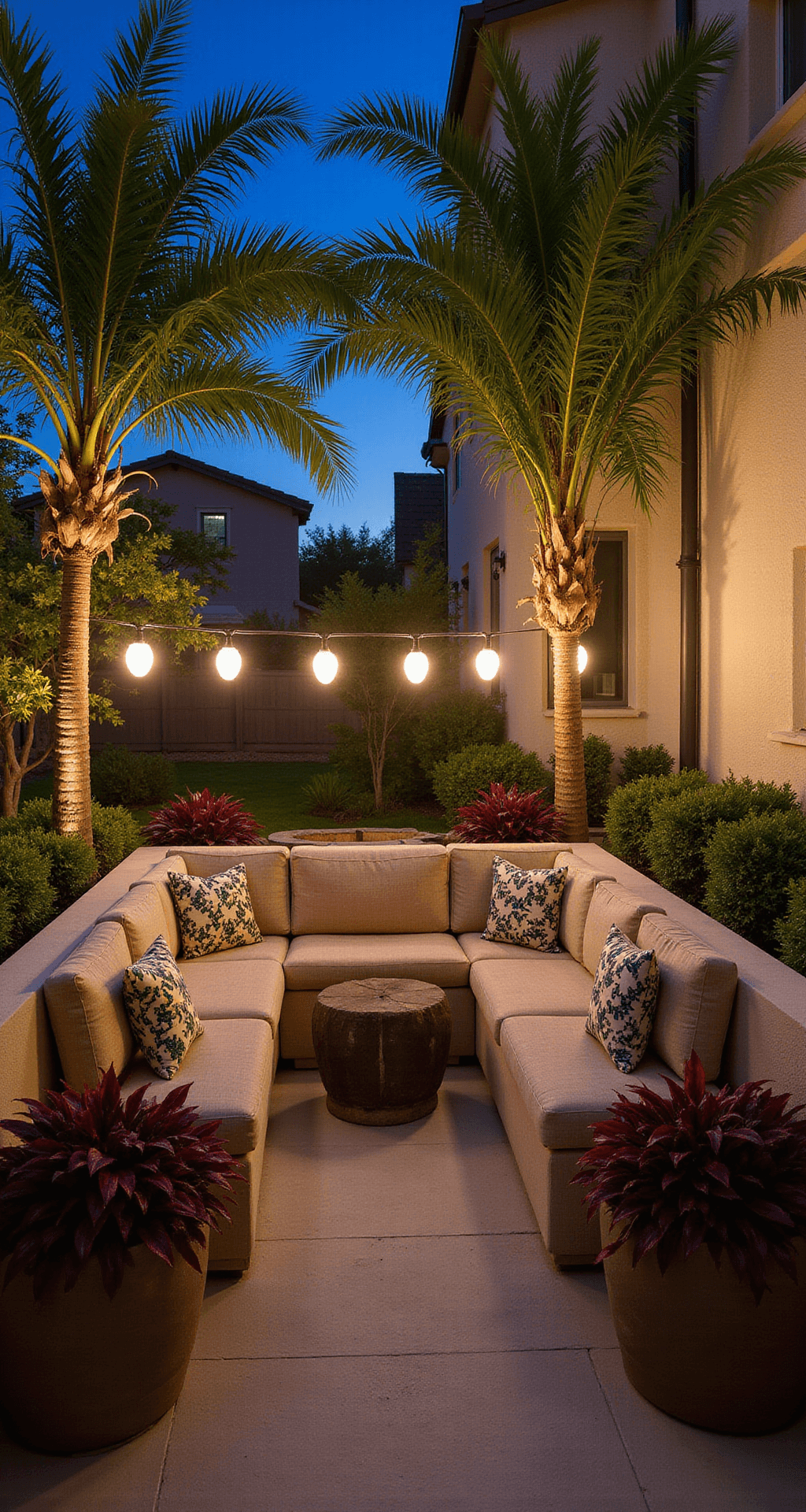 Transform Your Courtyard into a Tropical Paradise: A Complete Design Guide A twilight-lit courtyard with an L-shaped bench adorned with tropical print cushions, surrounded by dramatic uplighting on palm trees, vibrant container gardens with burgundy and chartreuse foliage, and ambient paper lantern string lights, featuring a small rock waterfall, captured in long exposure.
