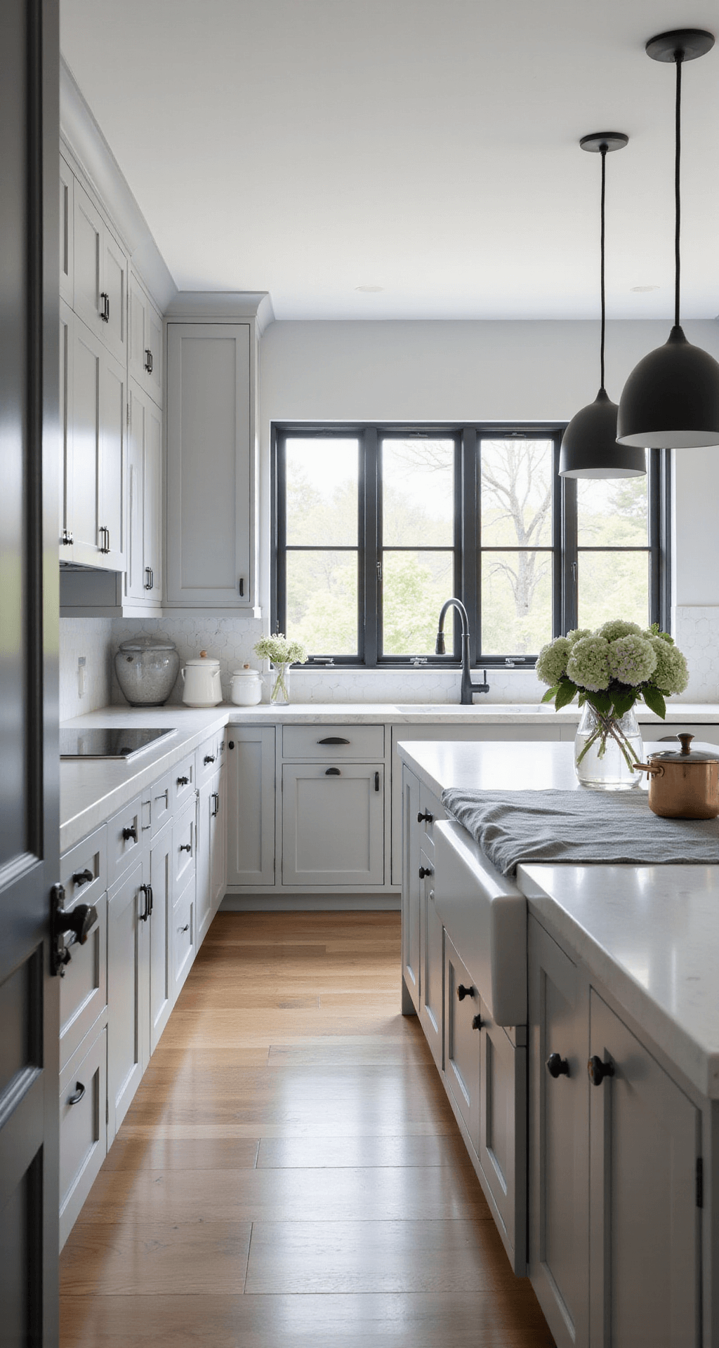 Grey Cabinets Kitchen: The Ultimate Styling Guide for Stunning Visual Perfection A contemporary kitchen featuring light grey shaker cabinets, a white quartz waterfall island, and marble hexagon backsplash, bathed in soft morning light from floor-to-ceiling windows. The space includes matte black hardware, vintage runner in muted blues, fresh hydrangeas in a clear vase, and natural oak flooring.