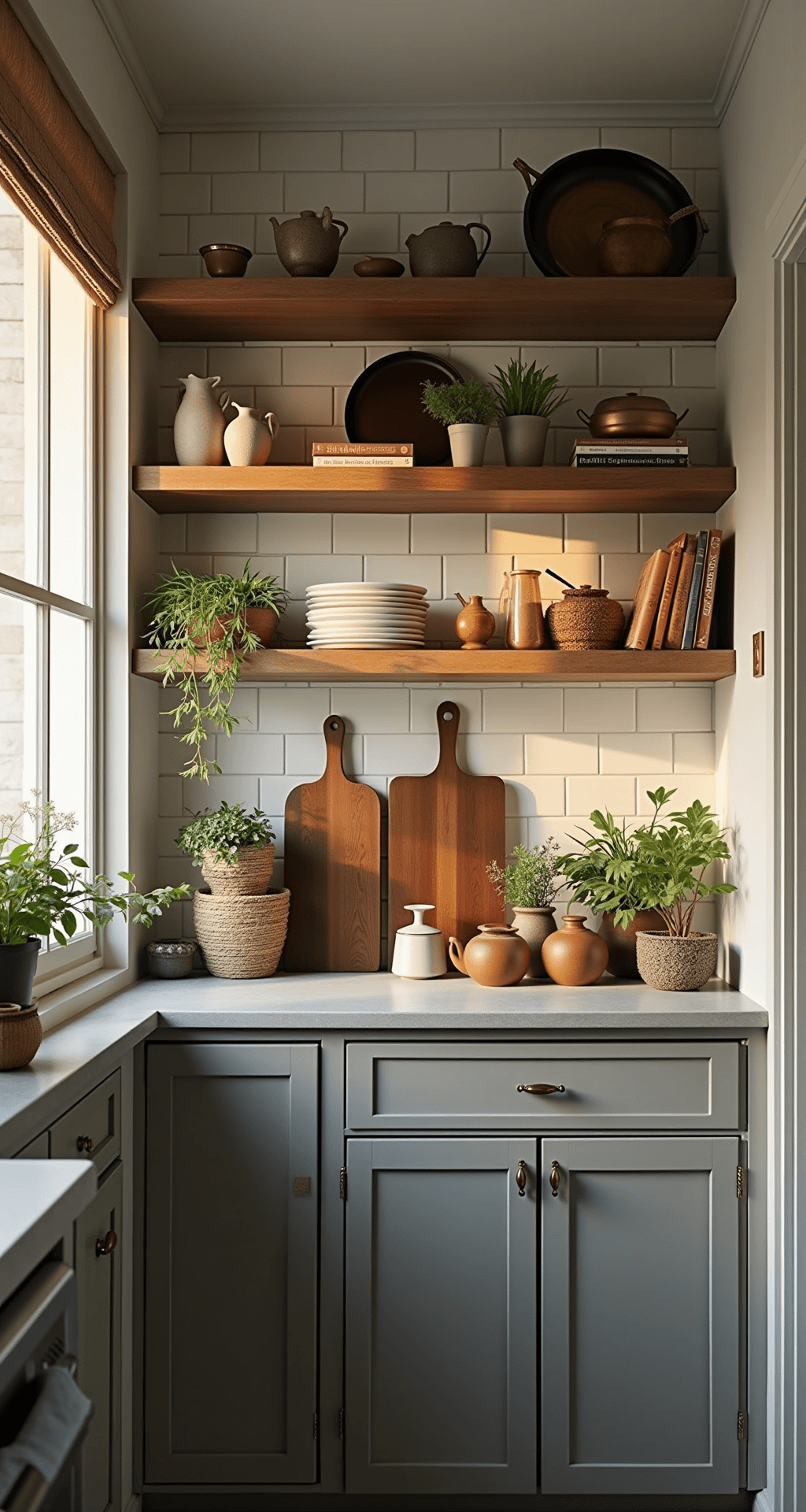 Grey Cabinets Kitchen: The Ultimate Styling Guide for Stunning Visual Perfection Intimate galley kitchen with medium grey flat-panel cabinets and brass accents during golden hour, featuring white subway tiles, open shelving with artisanal pottery, concrete countertops, and earthy-toned linens, captured at a 45° angle.
