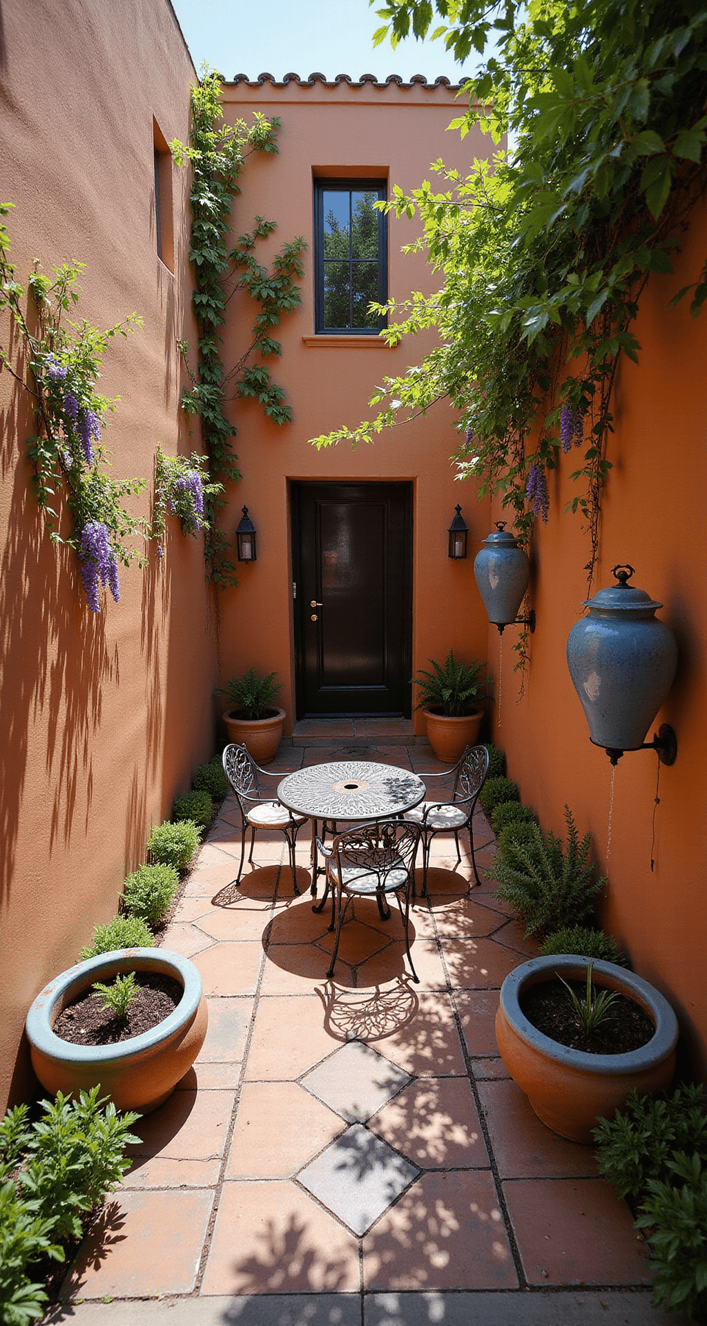 Walled Courtyard Garden: Your Ultimate Design Sanctuary A sun-drenched courtyard featuring terra cotta walls, espaliered citrus trees, and climbing jasmine, with a vintage wrought iron bistro set on geometric ceramic tiles, copper rain chains leading to water plant-filled basins, and Mediterranean-inspired decor, all captured in warm mid-morning light.