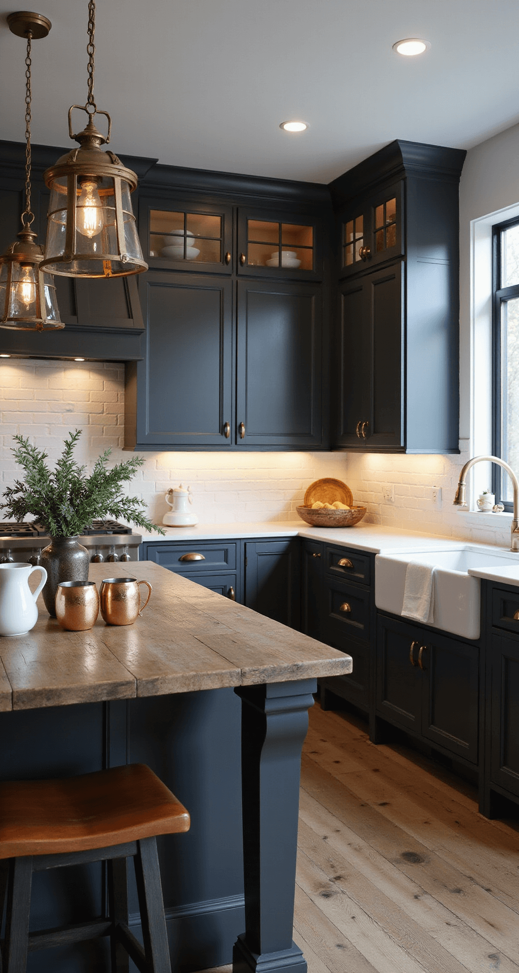 Grey Cabinets Kitchen: The Ultimate Styling Guide for Stunning Visual Perfection Modern farmhouse kitchen with charcoal grey raised-panel cabinets, tall ceilings, white marble countertops, and an apron sink, featuring antique brass lanterns, a reclaimed wood island with leather barstools, and decorative elements like copper mugs and fresh eucalyptus, all bathed in a warm, moody dusk light.