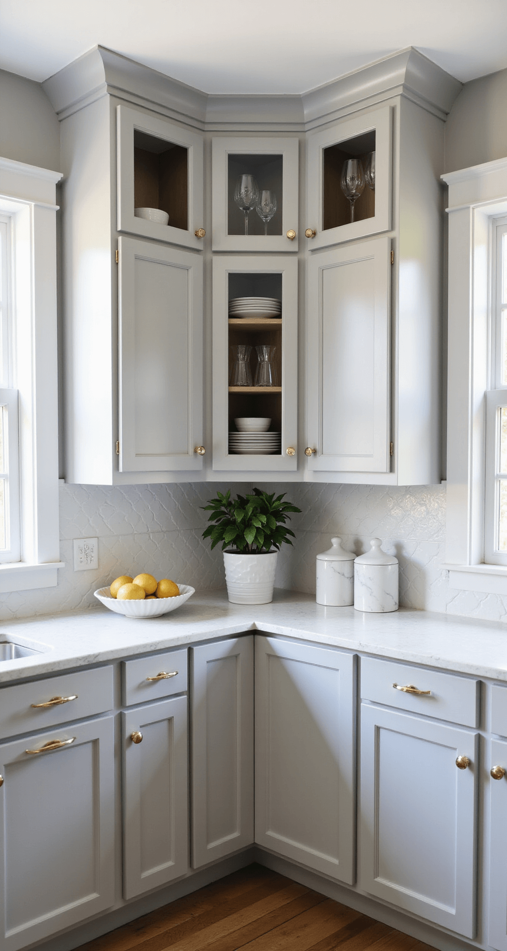 Grey Cabinets Kitchen: The Ultimate Styling Guide for Stunning Visual Perfection Bright corner kitchen with two-tone grey cabinets, champagne gold hardware, white hexagon backsplash, and glass-front upper cabinets displaying stemware, styled with ceramic canisters, marble fruit bowl, and a potted fiddle leaf fig, captured mid-morning from an elevated angle.