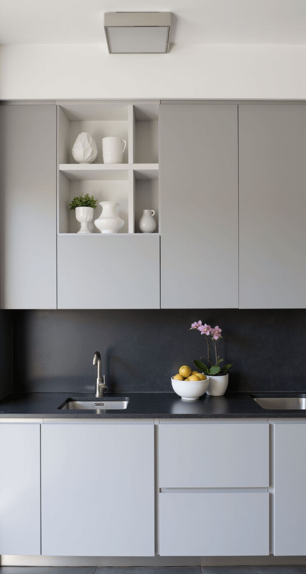 Grey Cabinets Kitchen: The Ultimate Styling Guide for Stunning Visual Perfection Minimalist studio kitchen featuring sleek light grey handleless cabinets and black stone countertops, accented by monochrome geometric pottery on floating shelves, a single orchid plant, and a structured fruit arrangement, all softly illuminated by even soft box lighting.