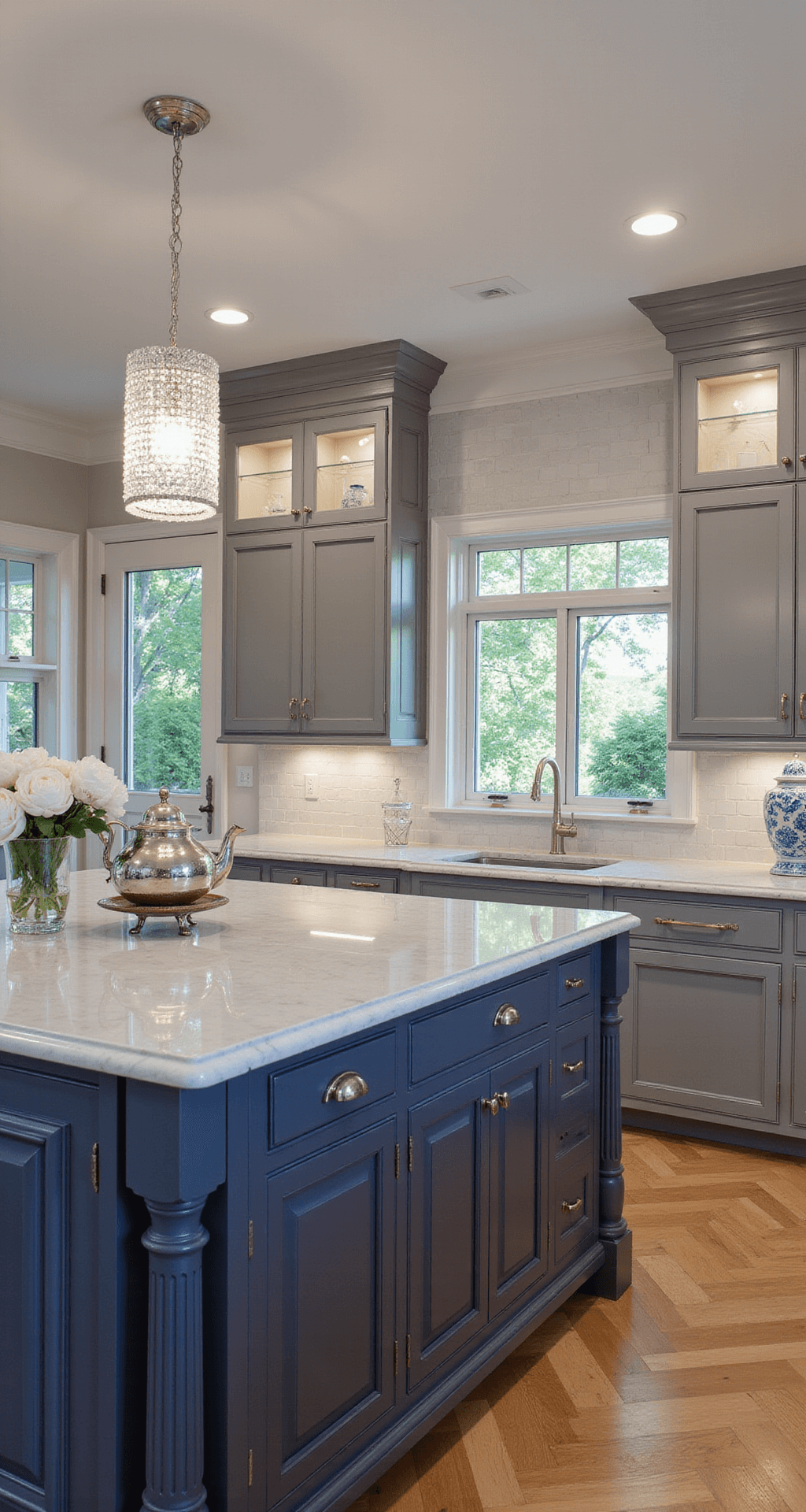 Grey Cabinets Kitchen: The Ultimate Styling Guide for Stunning Visual Perfection Traditional kitchen featuring medium grey beaded inset cabinets, Calacatta marble counters, polished nickel hardware, and a crystal chandelier over the island. The space is styled with a silver tea service, blue and white chinoiserie, and fresh peonies, all set against herringbone wood floors. The blue hour lighting enhances architectural details and creates an intimate atmosphere.