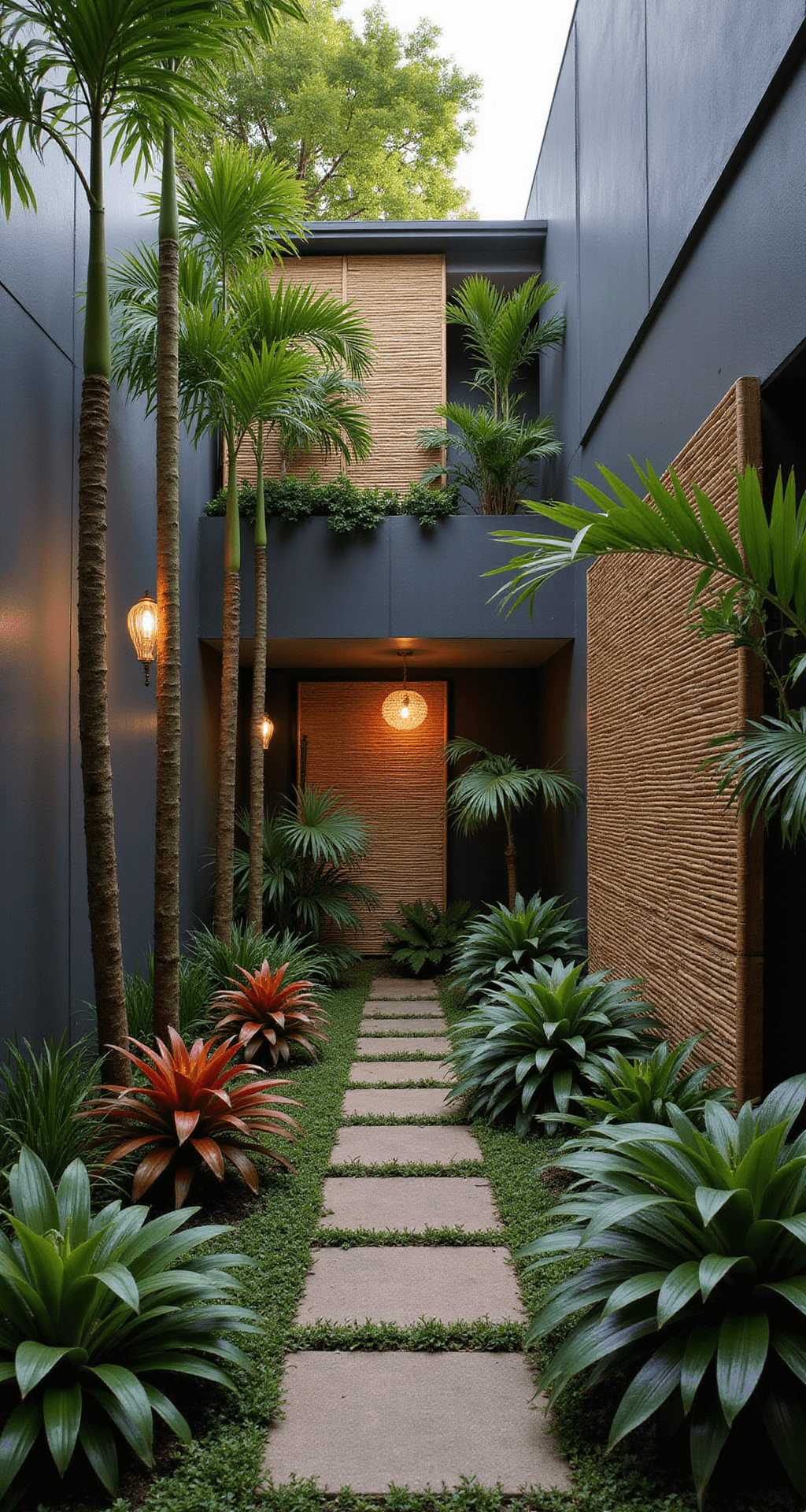 Walled Courtyard Garden: Your Ultimate Design Sanctuary A lush tropical courtyard featuring dark grey walls and vibrant emerald foliage, with multi-stem palm trees, colorful bromeliads, a bamboo screen, rattan pendant lights, and natural stone stepping paths illuminated by warm afternoon light.