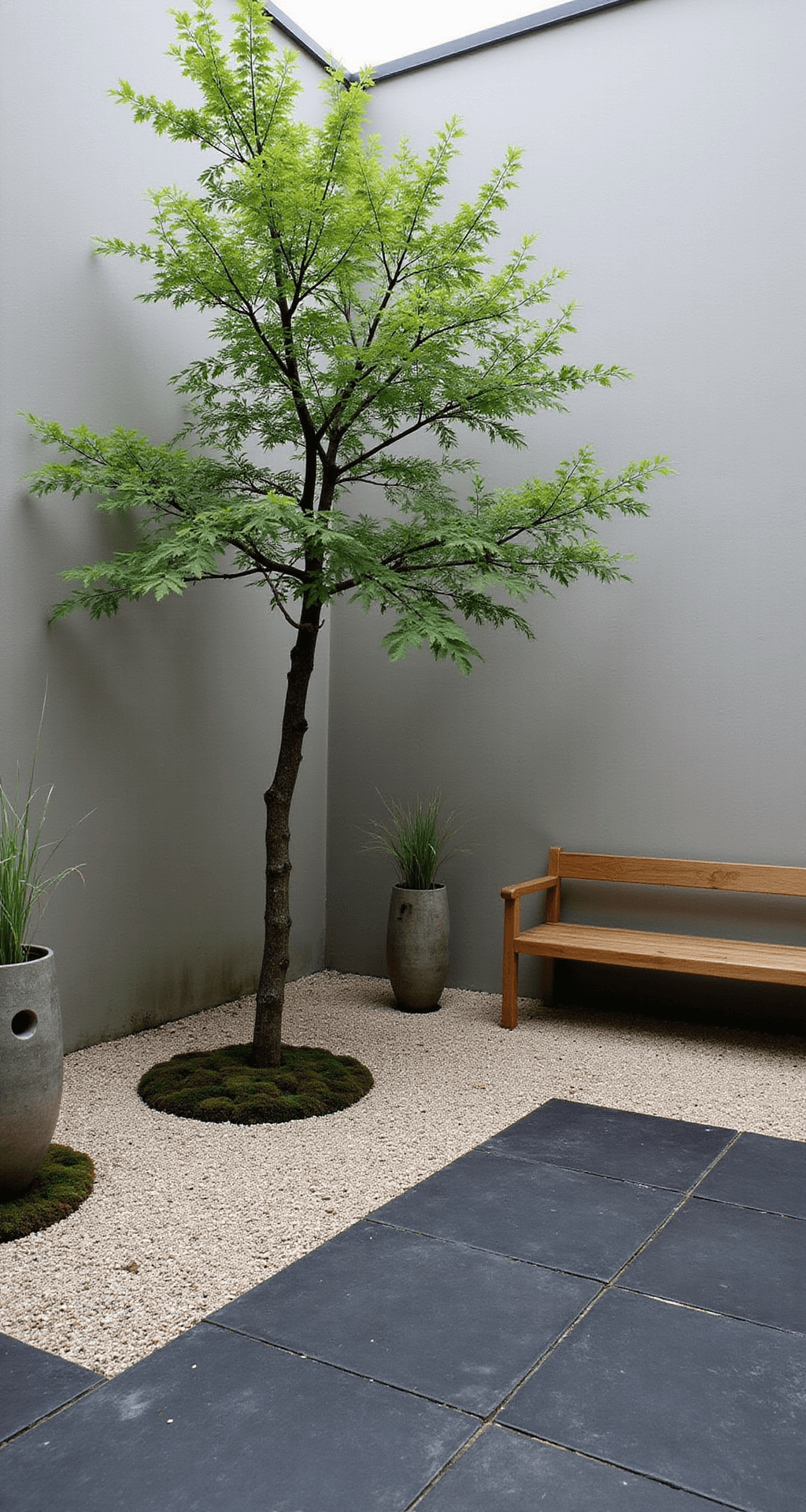 Walled Courtyard Garden: Your Ultimate Design Sanctuary A serene Zen-inspired courtyard featuring a traditional Japanese maple, black slate paving, pale gravel areas, and moss gardens, with a simple wooden bench for meditation, ceramic vessels with grasses, and stone lanterns, all captured in early morning mist.