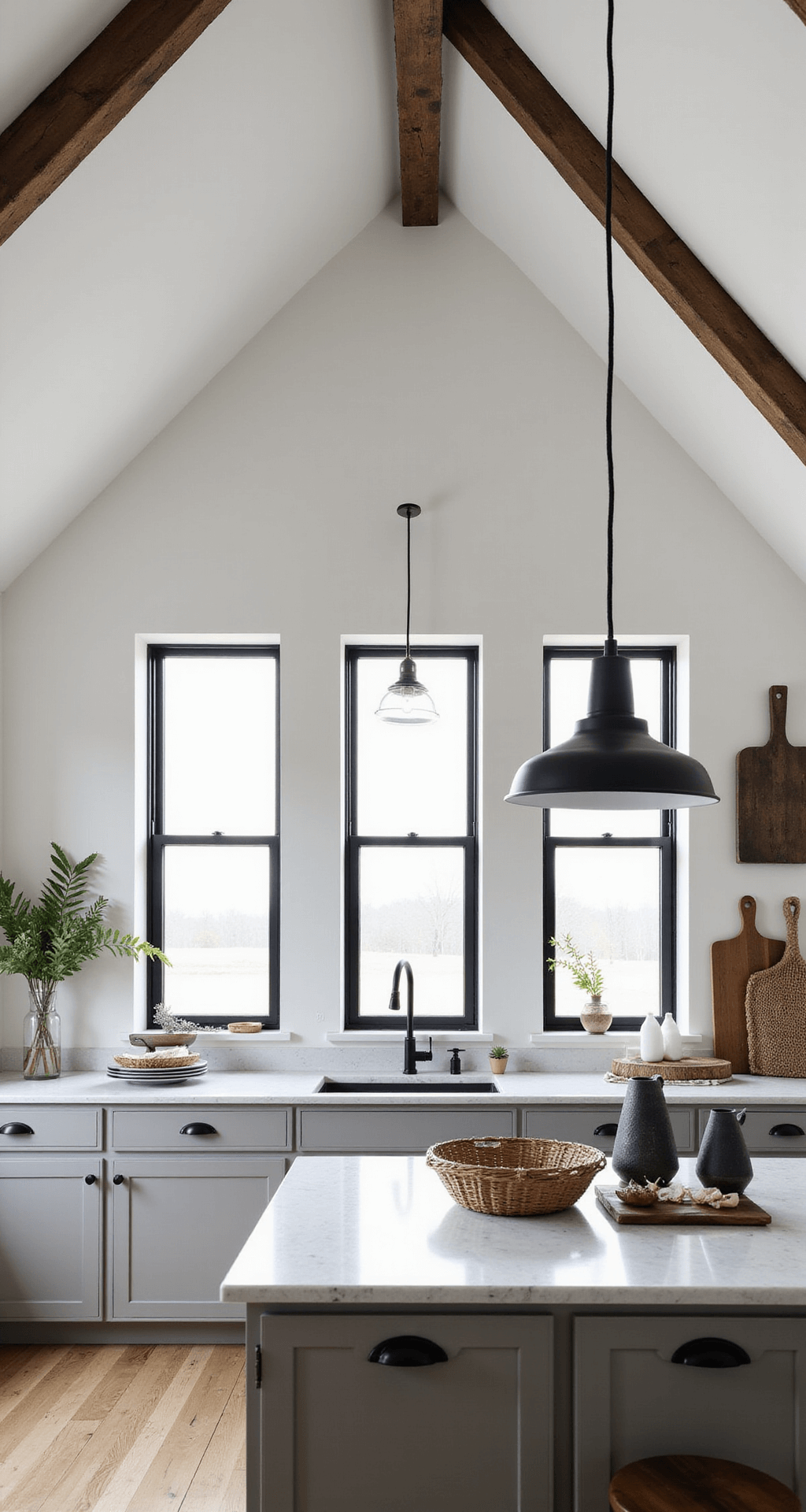 Light Gray Kitchen Cabinets: Your Ultimate Design Guide A modern farmhouse kitchen featuring light gray flat-panel cabinets, matte black pulls, black steel-framed windows, and rustic wooden beams. The spacious 14x16ft area is captured in a dramatic wide-angle shot, showcasing industrial black pendant lights above a marble-topped island. The decor includes woven baskets, vintage cutting boards, and black stoneware, all set against pure white walls.
