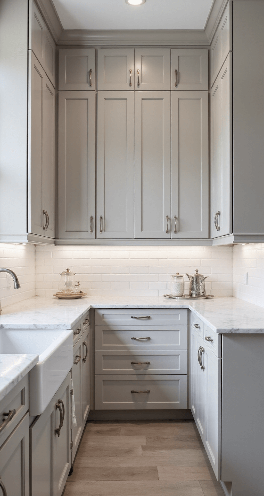 Light Gray Kitchen Cabinets: Your Ultimate Design Guide Intimate galley kitchen featuring light warm gray cabinets, white subway tile backsplash, slim marble countertops, and under-cabinet lighting, styled with glass canisters and silver tea set, bathed in warm afternoon light.