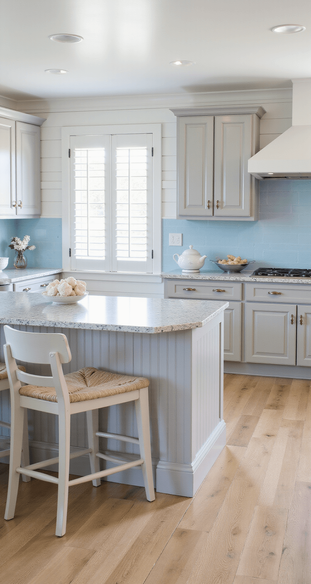 Light Gray Kitchen Cabinets: Your Ultimate Design Guide Coastal-inspired kitchen featuring light gray beadboard cabinets with rope pulls, white shiplap walls, and pale blue tile backsplash, illuminated by morning light. The bleached oak floors and blue-white chinoiserie decor enhance the airy ambiance, with natural light filtering through plantation shutters.