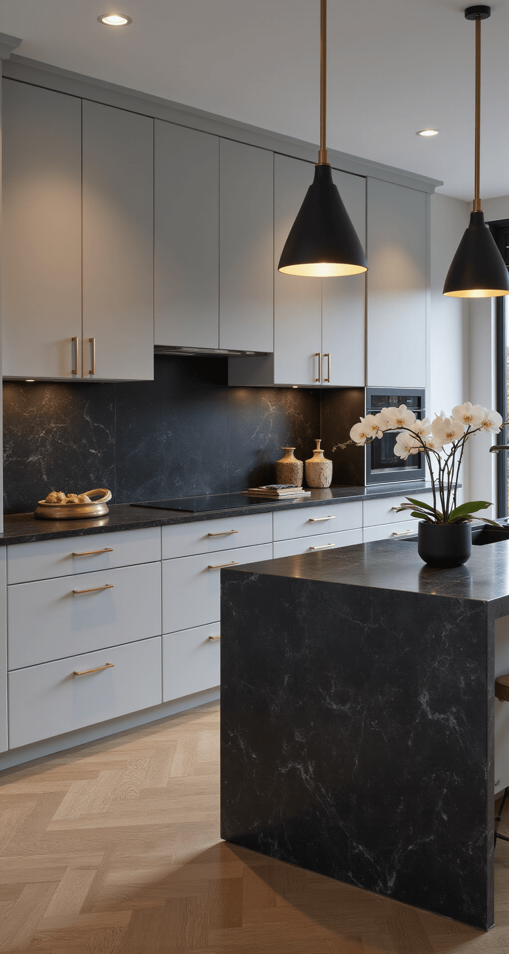 Light Gray Kitchen Cabinets: Your Ultimate Design Guide A contemporary kitchen featuring sleek light gray cabinets with integrated handles, a dramatic black stone backsplash, and a 10ft waterfall island in matching stone. The space is illuminated by minimalist aged brass pendant lights, creating a moody ambiance at twilight. Modern art, geometric vessels, and a single dramatic orchid add stylish accents to the design.