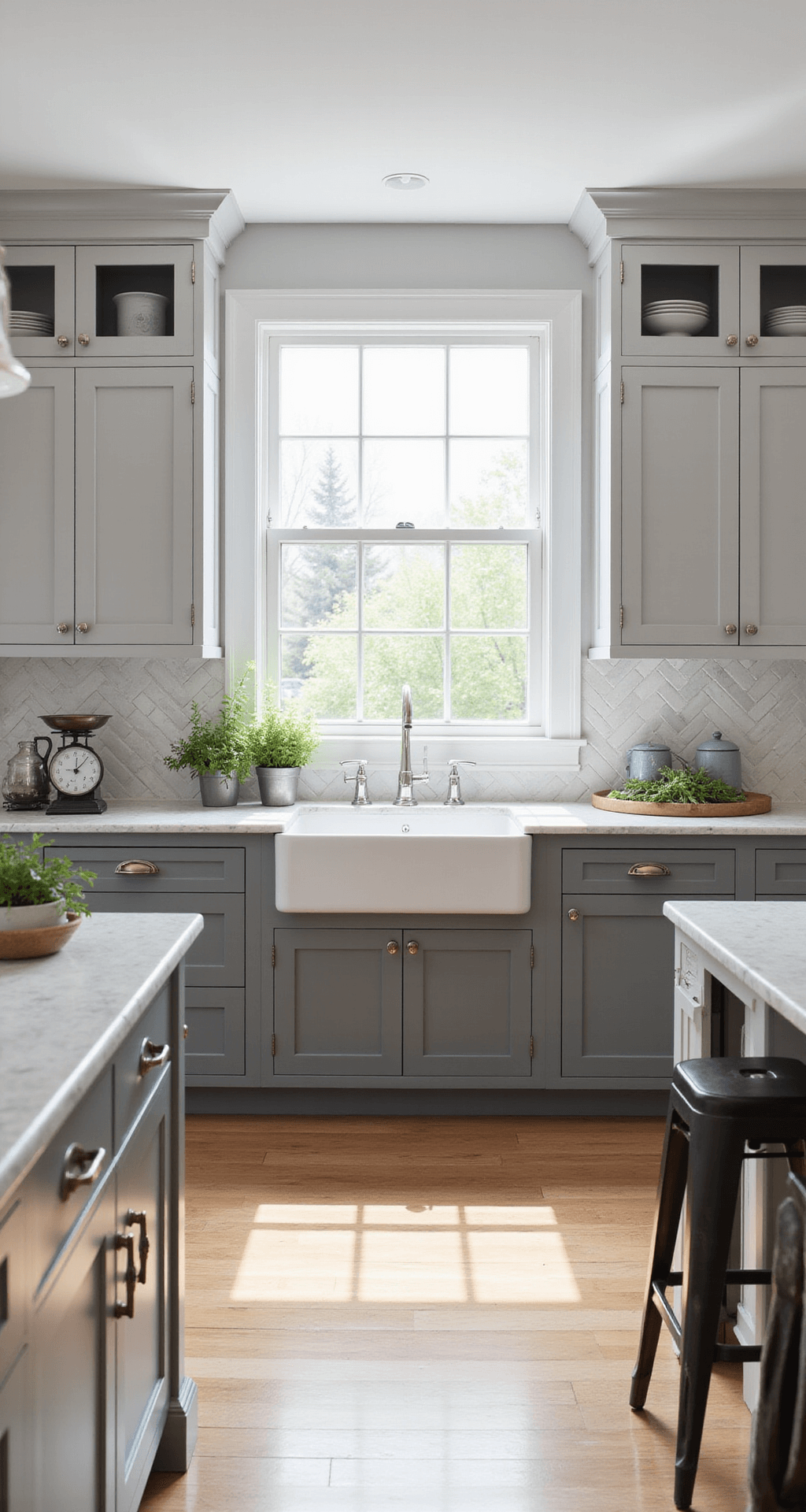 Light Gray Kitchen Cabinets: Your Ultimate Design Guide A beautifully styled transitional kitchen featuring two-tone gray cabinets, a marble herringbone backsplash, and white oak floors, illuminated by natural light from a large window above a farmhouse sink, complemented by pot lights and decorative elements like gray pottery and potted herbs.