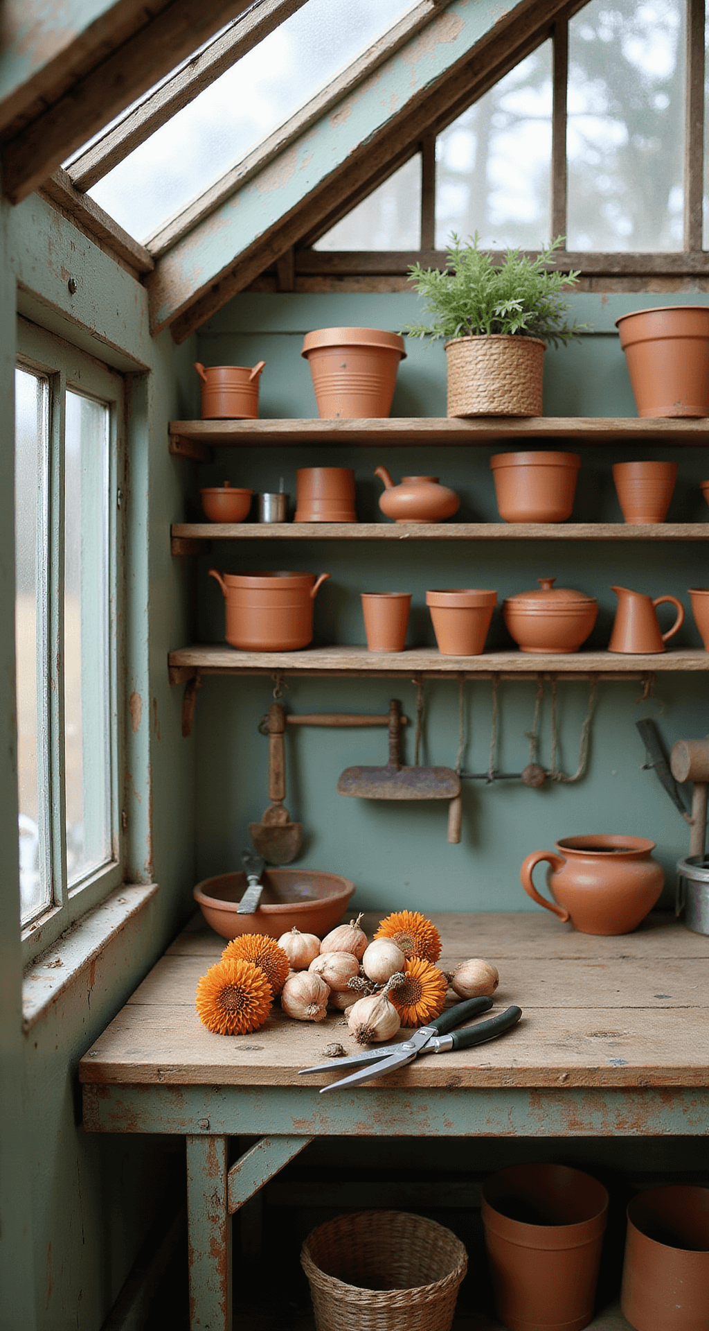 Creating Your Perfect Cut Flower Garden: A Comprehensive Guide Cozy cottage potting shed interior bathed in soft morning light, showcasing worn wood shelves filled with terracotta pots and garden tools, alongside professional-grade pruning shears and neatly arranged dahlia bulbs on a rustic workbench. The scene features vintage windows, greenhouse-style roof panels, and a mix of natural materials in sage green, warm woods, and weathered metals, captured from above at a 45-degree angle.