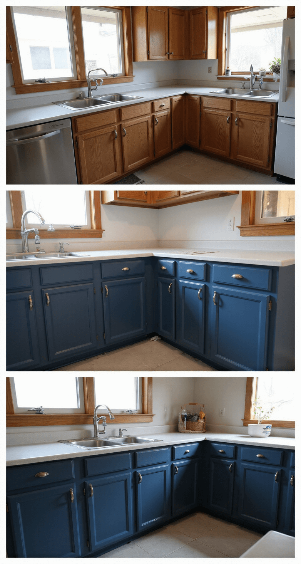 Painted Kitchen Cabinets: Your Ultimate DIY Transformation Guide A triptych showcasing the cabinet painting process in a compact kitchen workspace: the left frame displays dated oak cabinets, the middle frame features masked hardware and primer application, and the right frame reveals a sophisticated navy blue finish in Benjamin Moore Hale Navy. Close-ups highlight brush techniques and surface preparation, illuminated by morning light at 9am.