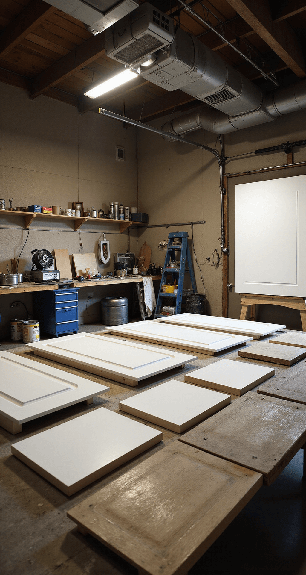 Painted Kitchen Cabinets: Your Ultimate DIY Transformation Guide A well-organized professional preparation station in a 20'x24' garage, featuring flat cabinet doors on sawhorses under dramatic workshop lighting. Tools, primers, and paints are methodically arranged, leading the eye toward a prominently displayed white-painted sample door. Industrial fans and ventilation are visible in the background, all captured from an elevated angle to emphasize the systematic workflow.