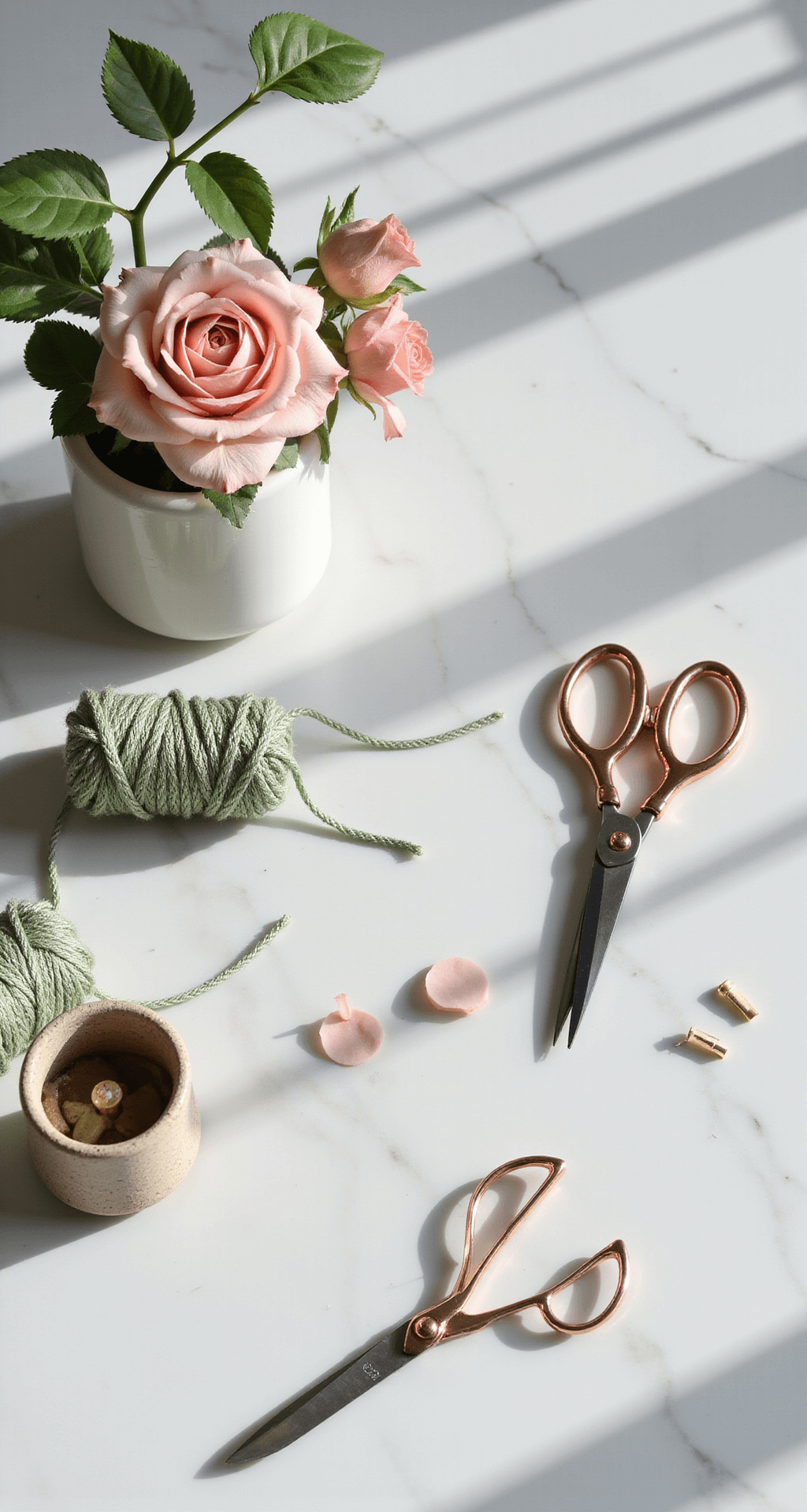 Creating Your Perfect Cut Flower Garden: A Comprehensive Guide A minimalist floral workspace featuring a 6-foot marble island illuminated by natural skylight, showcasing a white ceramic vase with fresh-cut garden roses and professional florist tools like copper scissors, twine, and plant markers, all arranged with intentional negative space in a modern industrial aesthetic.