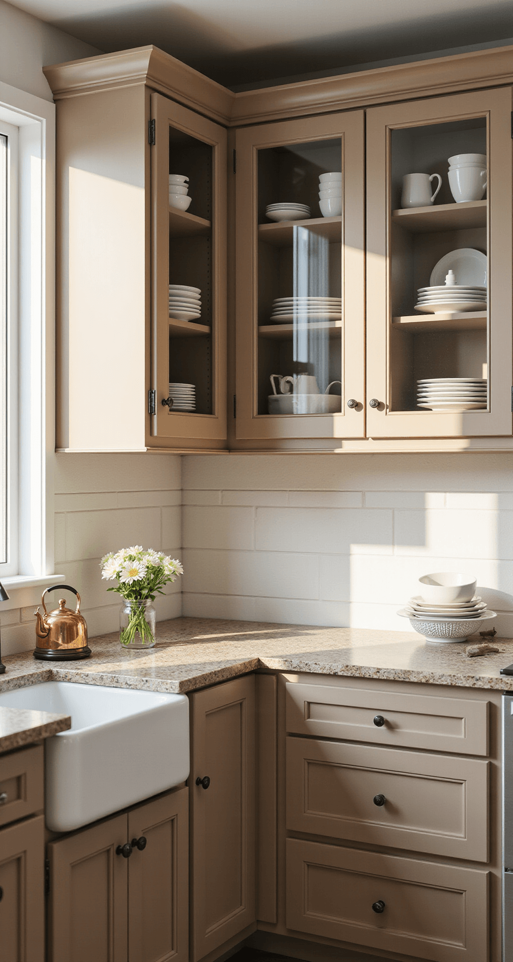Painted Kitchen Cabinets: Your Ultimate DIY Transformation Guide Bright corner kitchen nook bathed in morning light, showcasing warm taupe cabinets, glass-front doors with white dinnerware, and styled with fresh flowers and a vintage copper kettle, emphasizing paint texture and hardware details.
