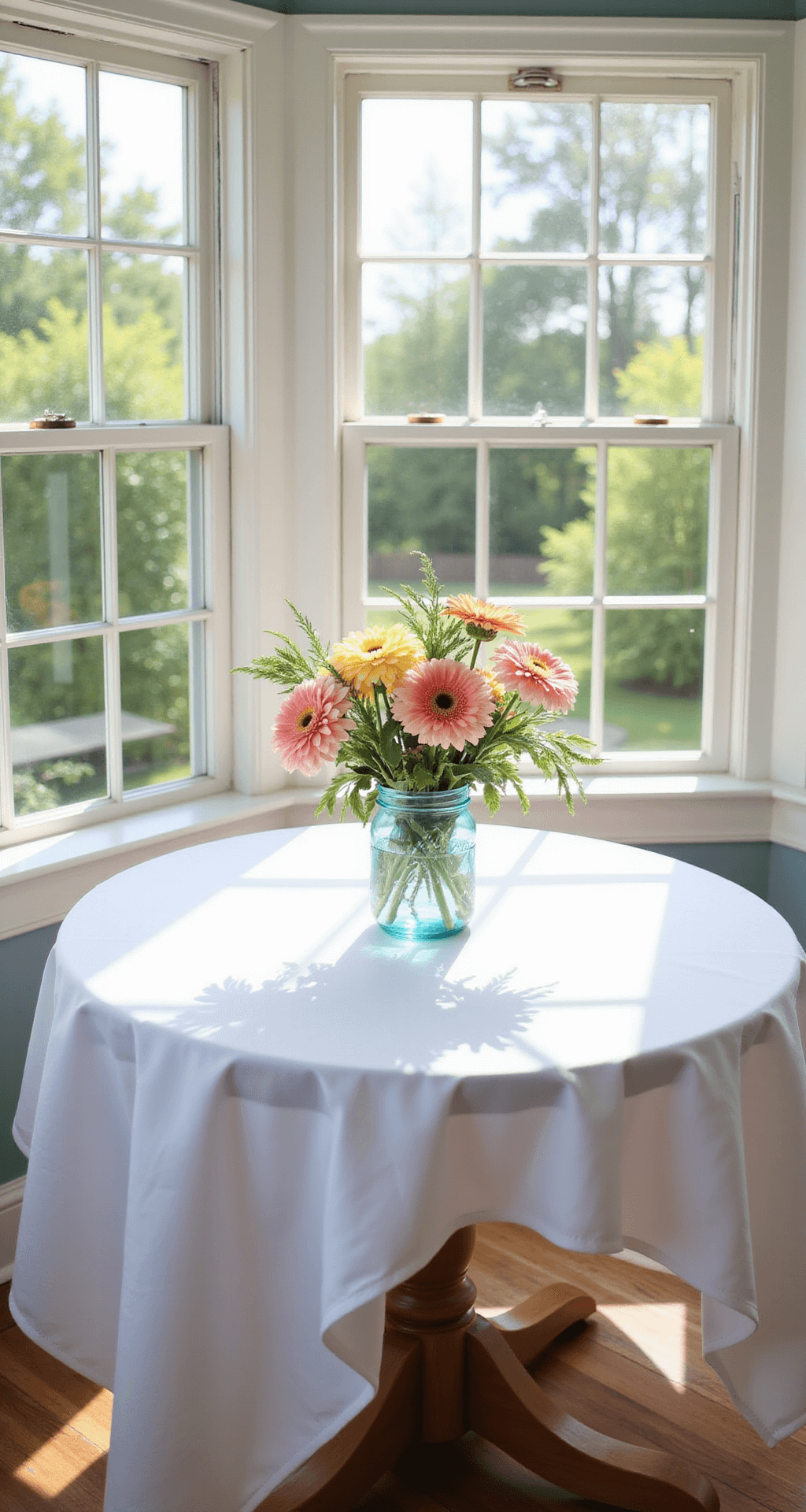 Creating Your Perfect Cut Flower Garden: A Comprehensive Guide Bright breakfast nook with bay windows, featuring a round pedestal table adorned with a garden-fresh bouquet of dahlias and cosmos in a vintage blue mason jar, set on a white linen tablecloth. The scene captures sun-drenched light illuminating the flowers, creating a romantic soft focus effect against the garden view outside. Colors include powder blue, butter yellow, coral pink, and cream.