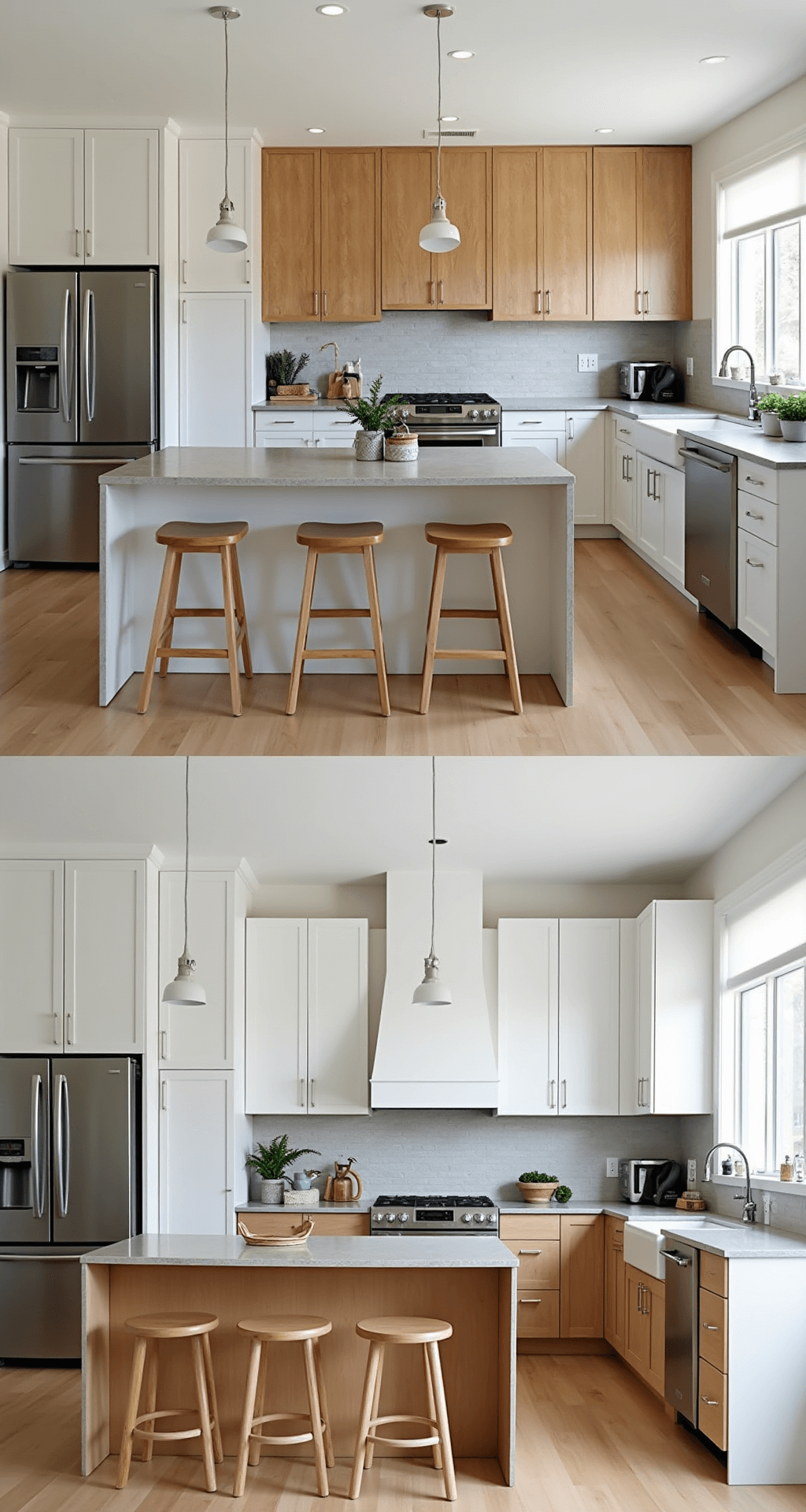 Painted Kitchen Cabinets: Your Ultimate DIY Transformation Guide Split-screen showing a contemporary kitchen transformation: on the left, the original wood grain cabinetry, and on the right, the updated fresh white painted finish. Both shots feature the same camera position, highlighting the 16'x18' open-concept layout with modern stainless appliances and concrete countertops, styled with minimalist accessories under matched lighting conditions.