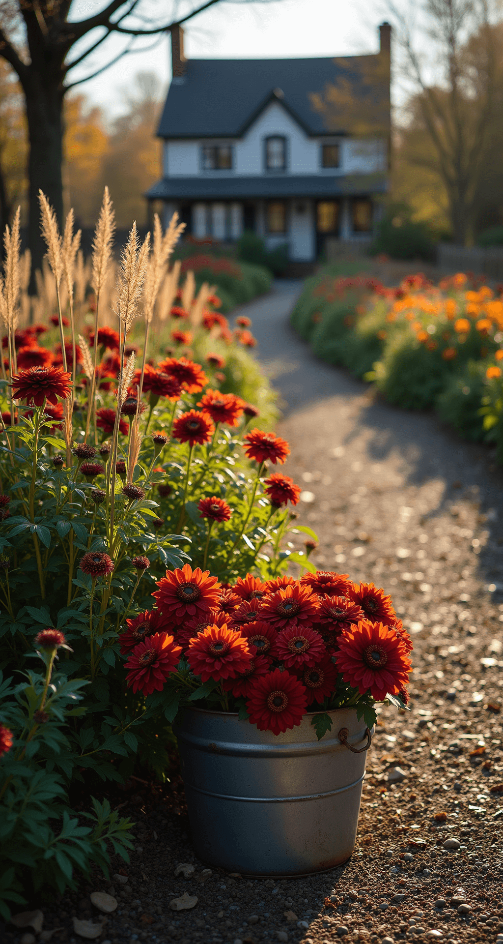 Creating Your Perfect Cut Flower Garden: A Comprehensive Guide A wide-angle view of a late afternoon autumn cutting garden featuring a 15-foot raised bed with bronze dahlias and burgundy cosmos, alongside ornamental grasses. A vintage metal harvest basket filled with fresh flowers rests on a mulched path, with long shadows cast by the low sunlight. The cozy cottage in the background adds to the moody, nostalgic atmosphere, highlighted by rich jewel tones, copper hues, and deep greens among weathered woods.