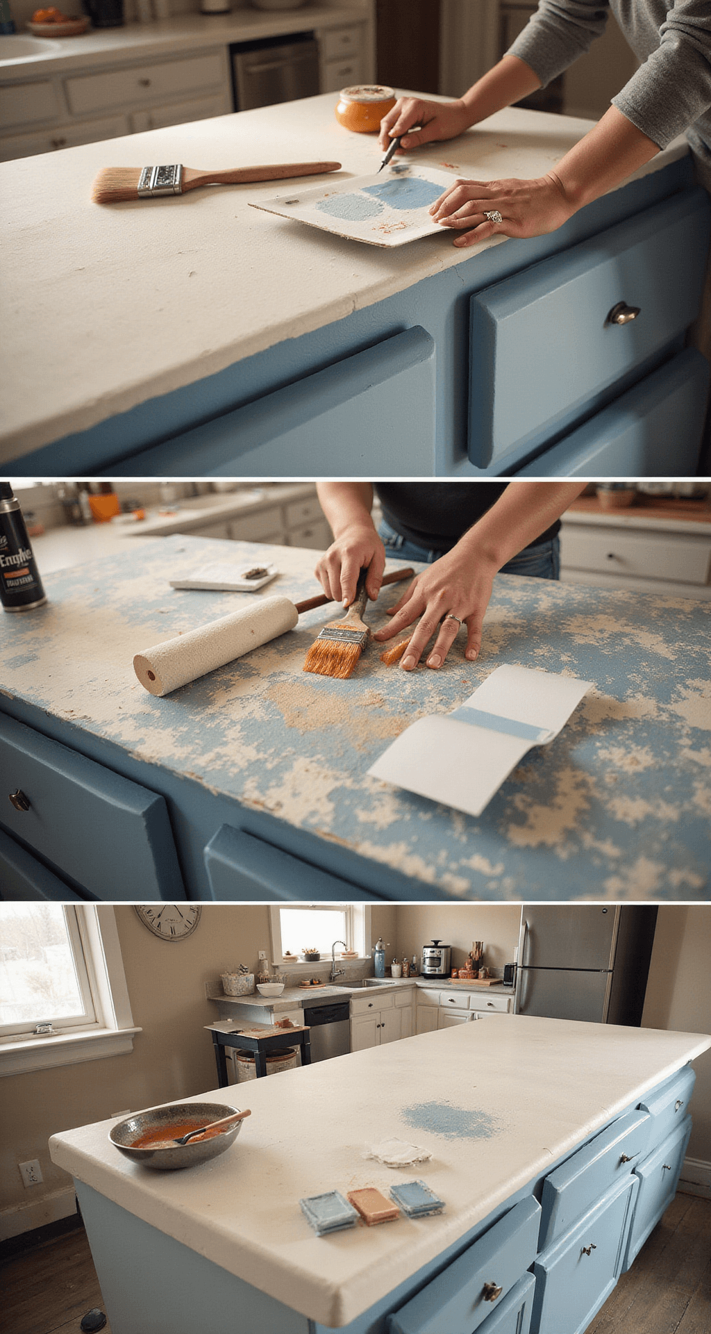 Painted Kitchen Cabinets: Your Ultimate DIY Transformation Guide A series of close-up images showcasing the detailed process of cabinet painting in a 12'x14' kitchen lit by warm afternoon sunlight. The shots highlight various techniques including brush strokes and roller application, with professional-grade tools and paint swatches arranged meticulously. Macro shots depict different paint application methods, all captured with a documentary-style focus.