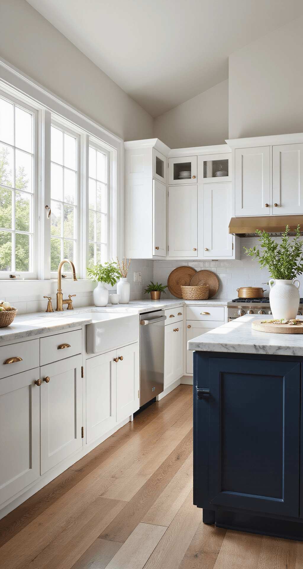 Kitchen Cabinet Color Combinations: Your Ultimate 2025 Design Guide A bright and airy kitchen featuring white Shaker cabinets, a navy blue island with a marble waterfall countertop, and brass accents, illuminated by morning sunlight through large windows, styled with white vases and herbs, set on wide plank white oak flooring.