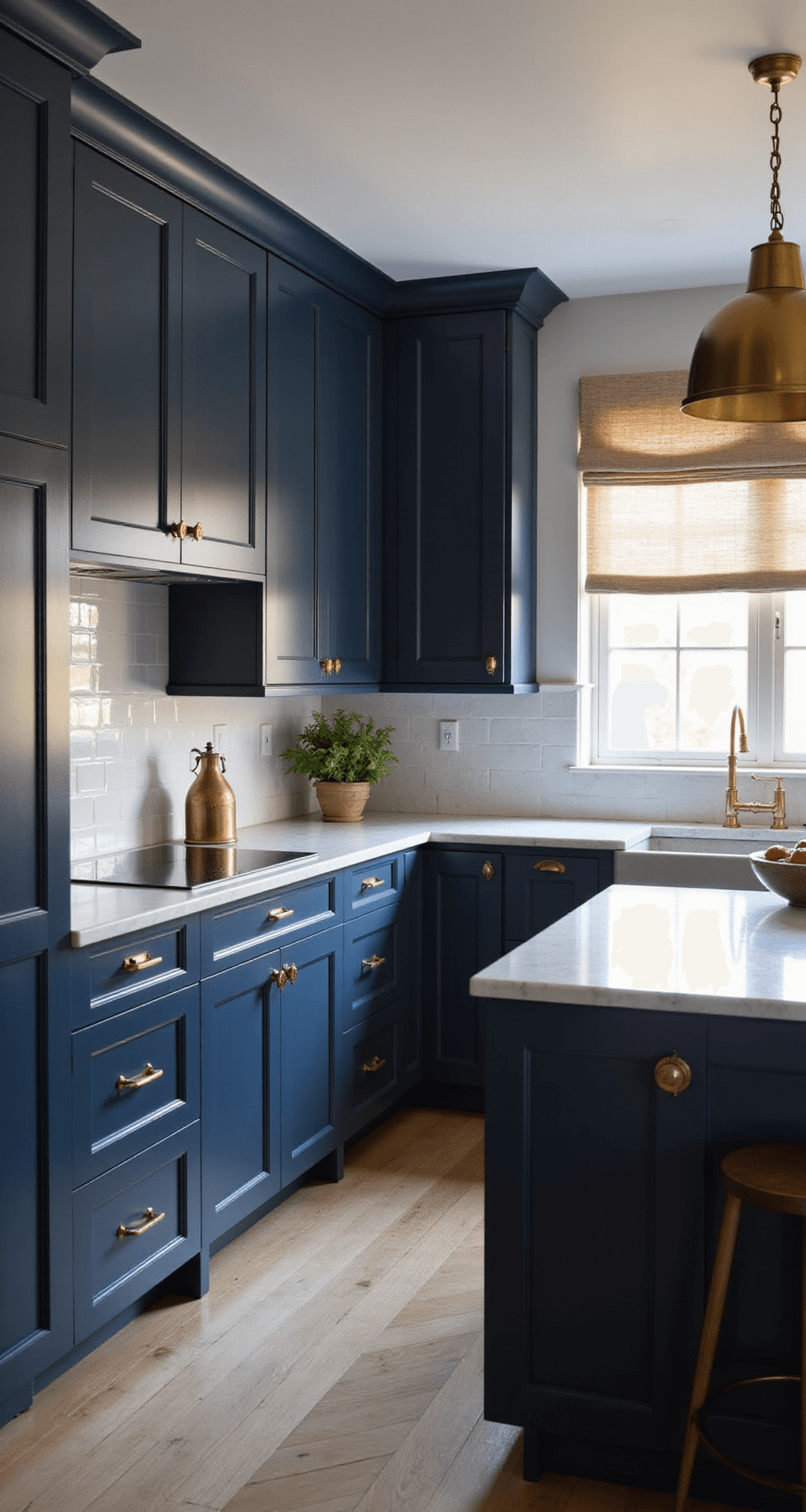 Kitchen Cabinet Color Combinations: Your Ultimate 2025 Design Guide An elegant L-shaped kitchen featuring floor-to-ceiling navy blue matte cabinets, brushed gold hardware, and white quartz countertops, illuminated by golden hour light through sheer roman shades, with vintage brass pendants over a marble-topped island, showcasing a sophisticated and timeless ambiance.