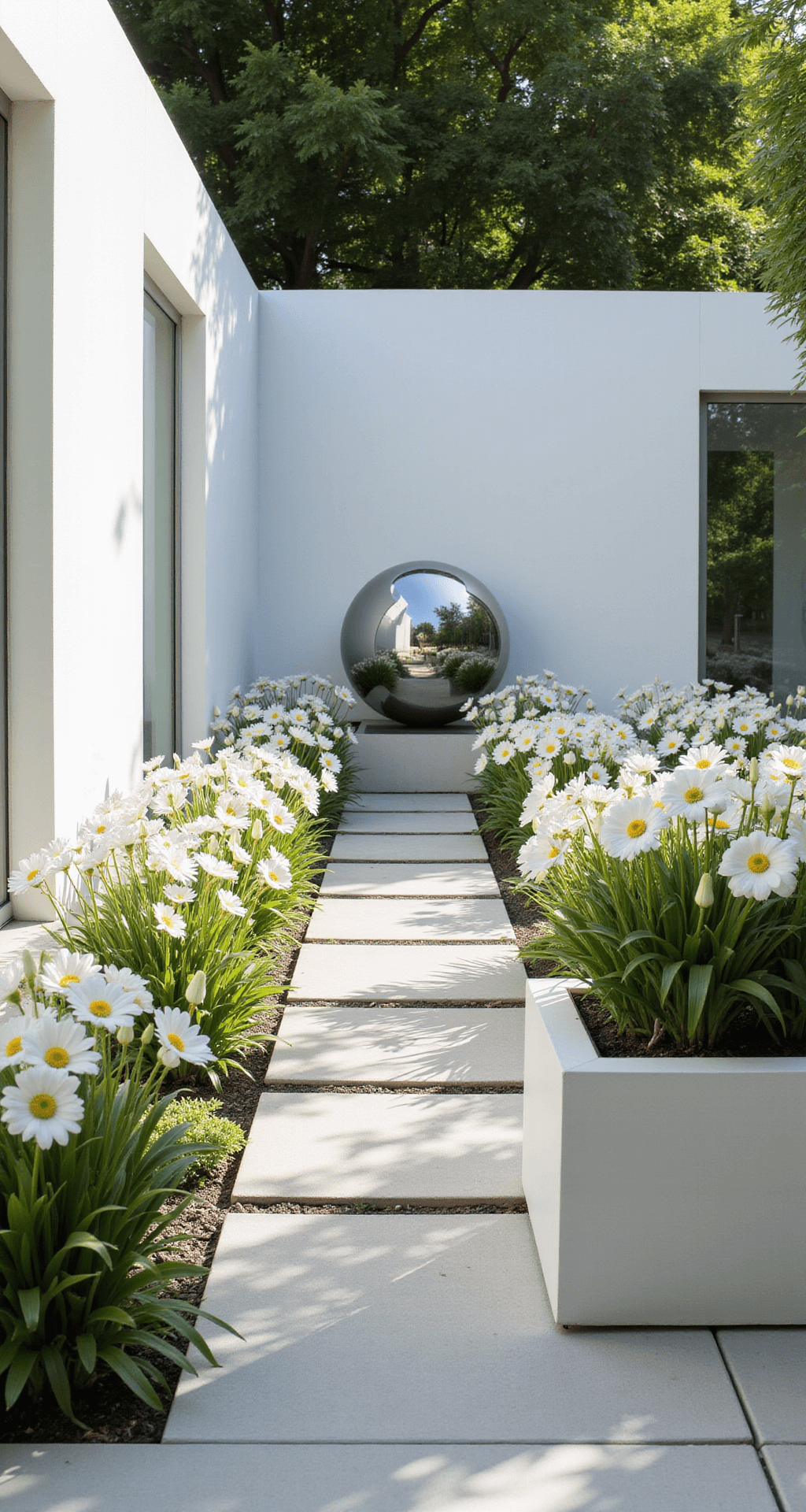 Creating a Magical White Flower Garden: Your Ultimate Design Guide A modern minimalist white garden featuring a 15'x15' contemporary space with clean lines, structured plantings in white cube planters, including architectural agapanthus and calla lilies, polished concrete paths, and masses of white Japanese anemones, with a chrome sphere sculpture reflecting the blooms, captured in strong directional light from an elevated 3/4 view for maximum detail and clarity.
