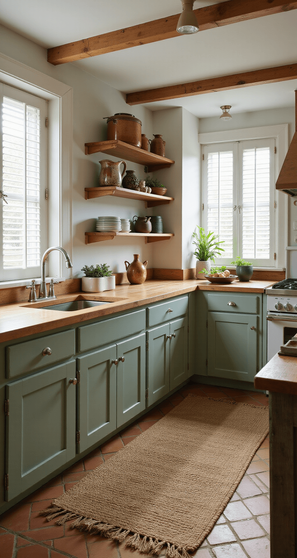 Kitchen Cabinet Color Combinations: Your Ultimate 2025 Design Guide A cozy kitchen with sage green lower cabinets and warm white upper cabinets, illuminated by mid-morning light through plantation shutters, featuring a natural jute rug on terra cotta tiles, open shelving with artisanal pottery and copper cookware, and butcher block countertops, captured at a 45-degree angle.