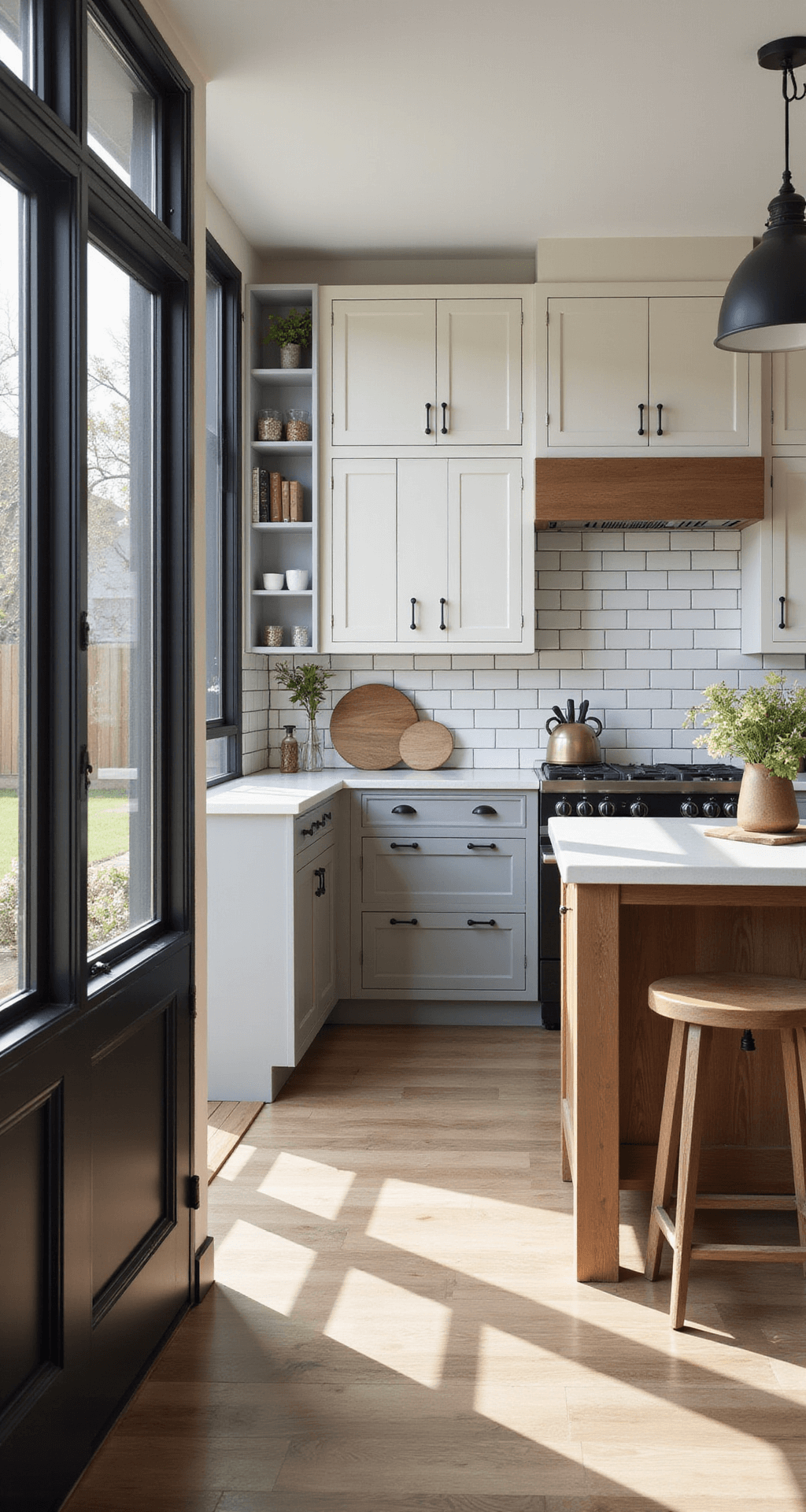 Kitchen Cabinet Color Combinations: Your Ultimate 2025 Design Guide A warm and inviting modern farmhouse kitchen featuring two-tone cabinetry with taupe base cabinets and cream uppers. Afternoon light floods in through black-framed windows, highlighting matte black hardware and a white oak island with seating. A subway tile backsplash with dark grout adds depth, captured from the entrance with a wide-angle lens for added dimension.